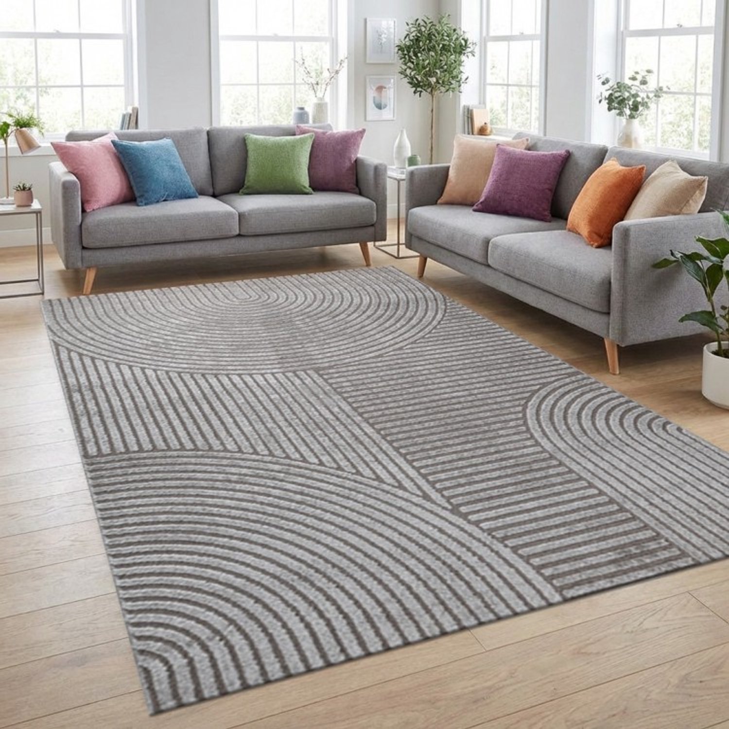 TapisTrend Designer tapijt Grijs Modern vloerkleed met concentrische bogen en verhoogde geometrische lijnen voor woonkamer en slaapkamer, foto 3