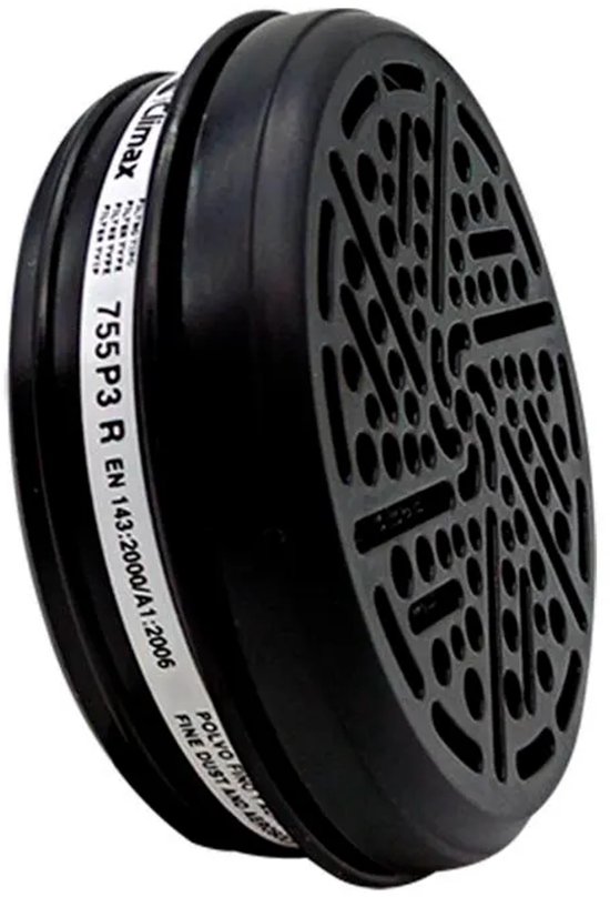 Zwart Climax 755 P3 R filter met tekst in het wit. Voorzien van lamellen en ronde openingen.