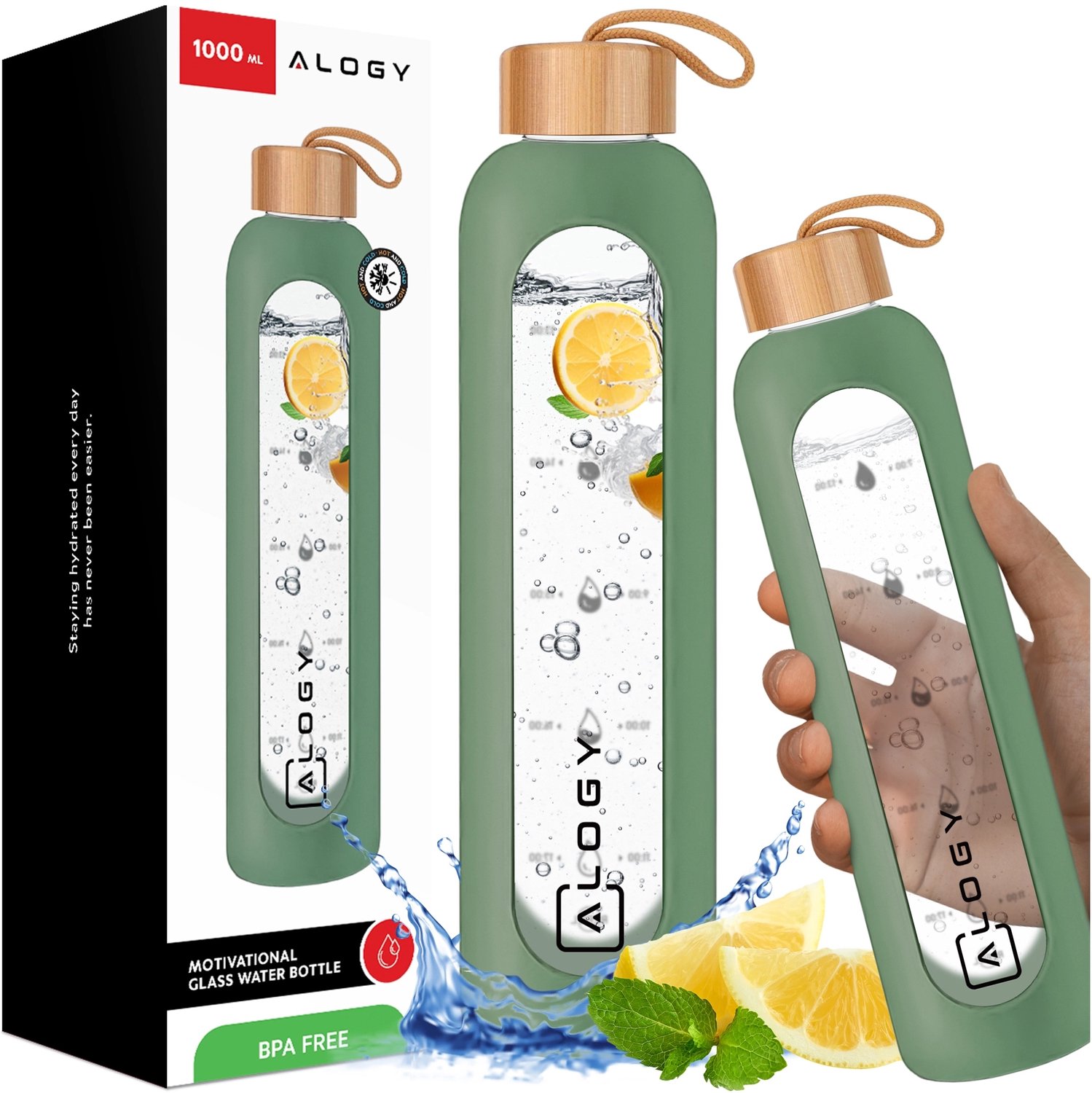 Grote Motiverende Glazen Waterfles 1000ml met Siliconen Hoes