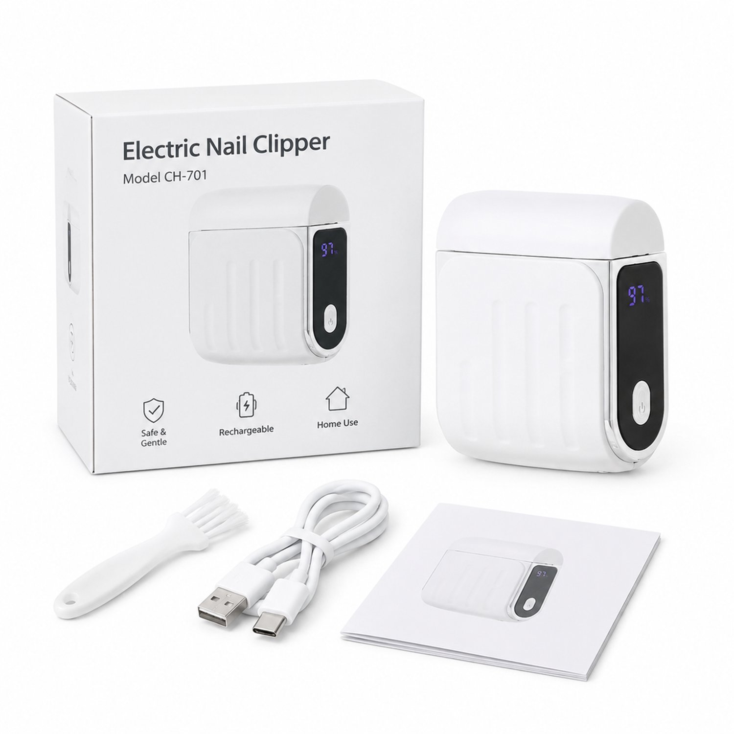 Elektrische nagelknipper - model CH-701 - voor dagelijks gebruik thuis - witte verpakking met Engelse tekst - met borstel, oplaadkabel, apparaat en handleiding