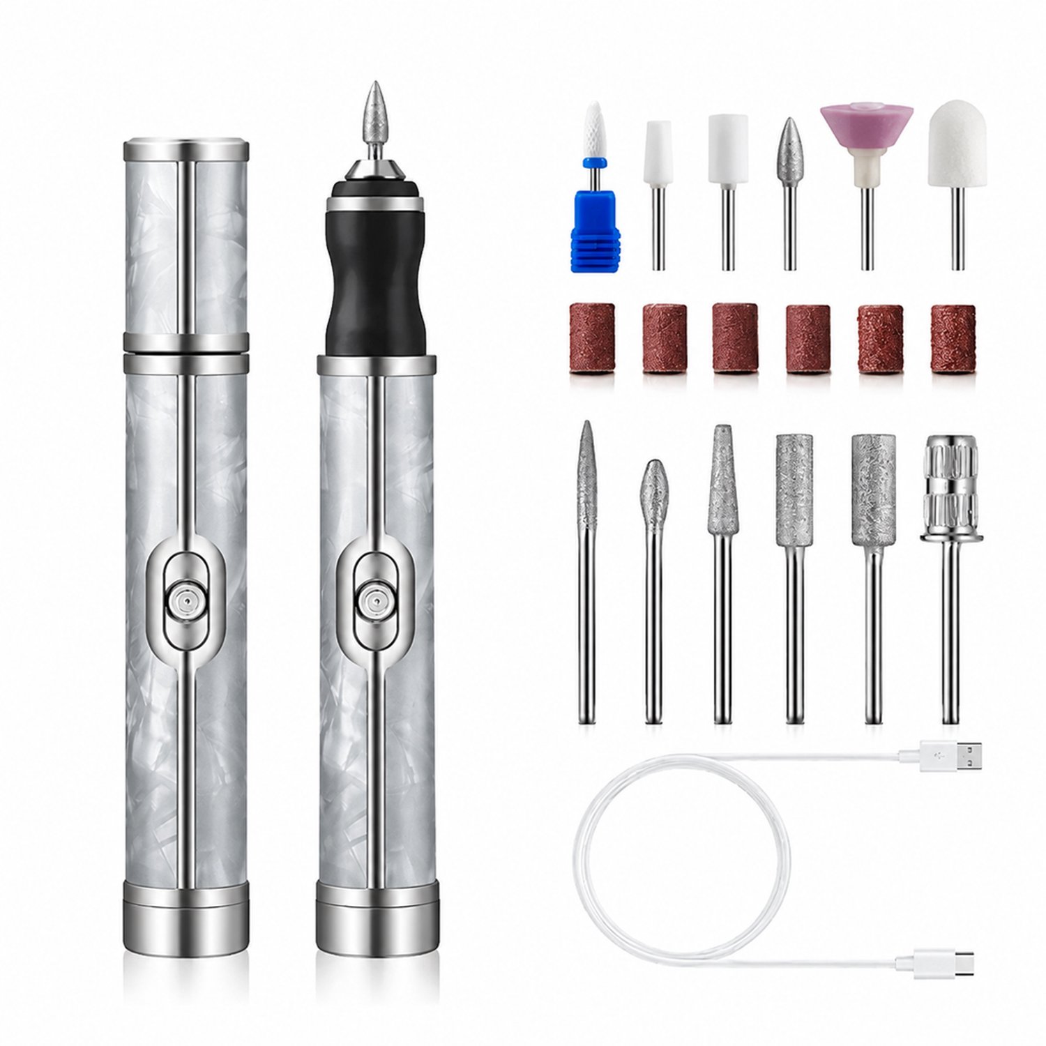 elektrische nageltrimmer - USB-oplaadbaar - 3 snelheden - 18 slijpkoppen - grijs