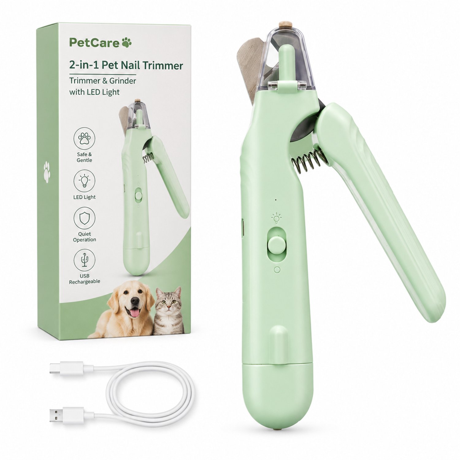 Elektrische nageltrimmer voor huisdieren - 2-in-1, groen - Nagelknipper en slijper met LED-verlichting - Kleurendoos met Engelse tekst