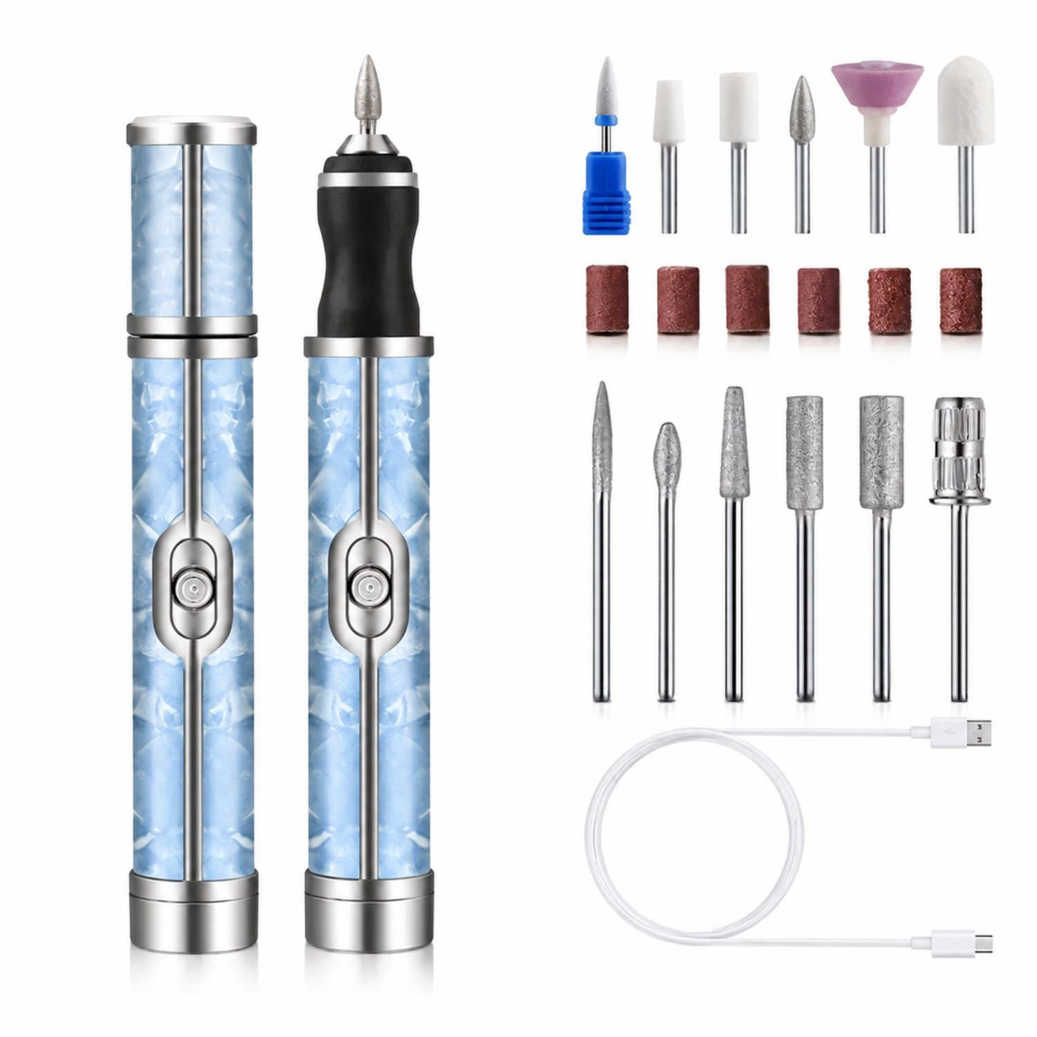 elektrische nageltrimmer - blauw met 18 slijpkoppen - 3 snelheden - USB-opladen - kleurendoos