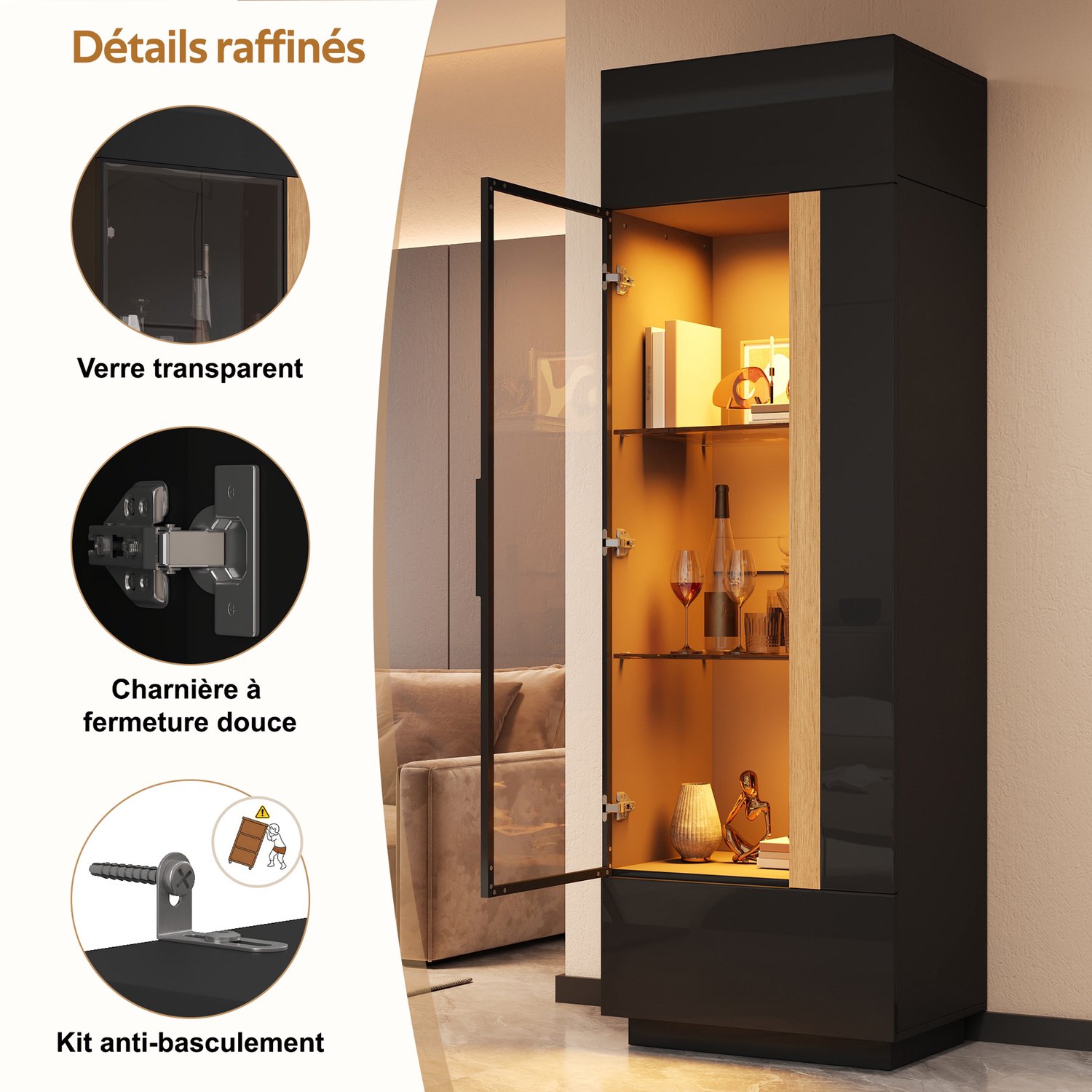 MODENUIT Vitrinekast - Glazen Deur Met Ledverlichting - Woonkamer - Spaanplaat - Zwart - 60x40x180 Cm