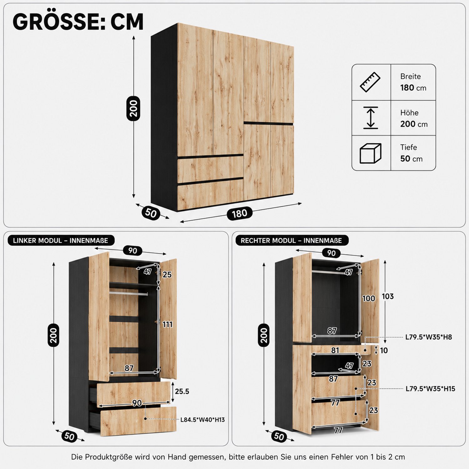 DESMIU Kledingkast - Zes Openslaande Deuren, Twee Kledingroedes En Vijf Lades - Voor Slaapkamer Of Hal - MDF - 180x50x200 Cm - Houtkleur Artisan eiken/wit