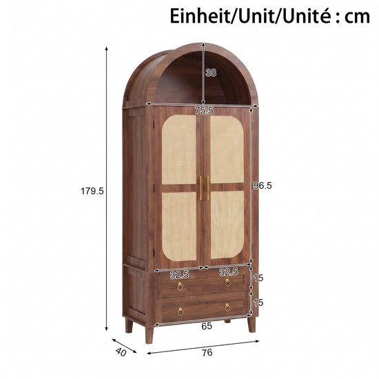 Technische tekening van de walnootkleurige boogkast met afmetingen in cm aangegeven.