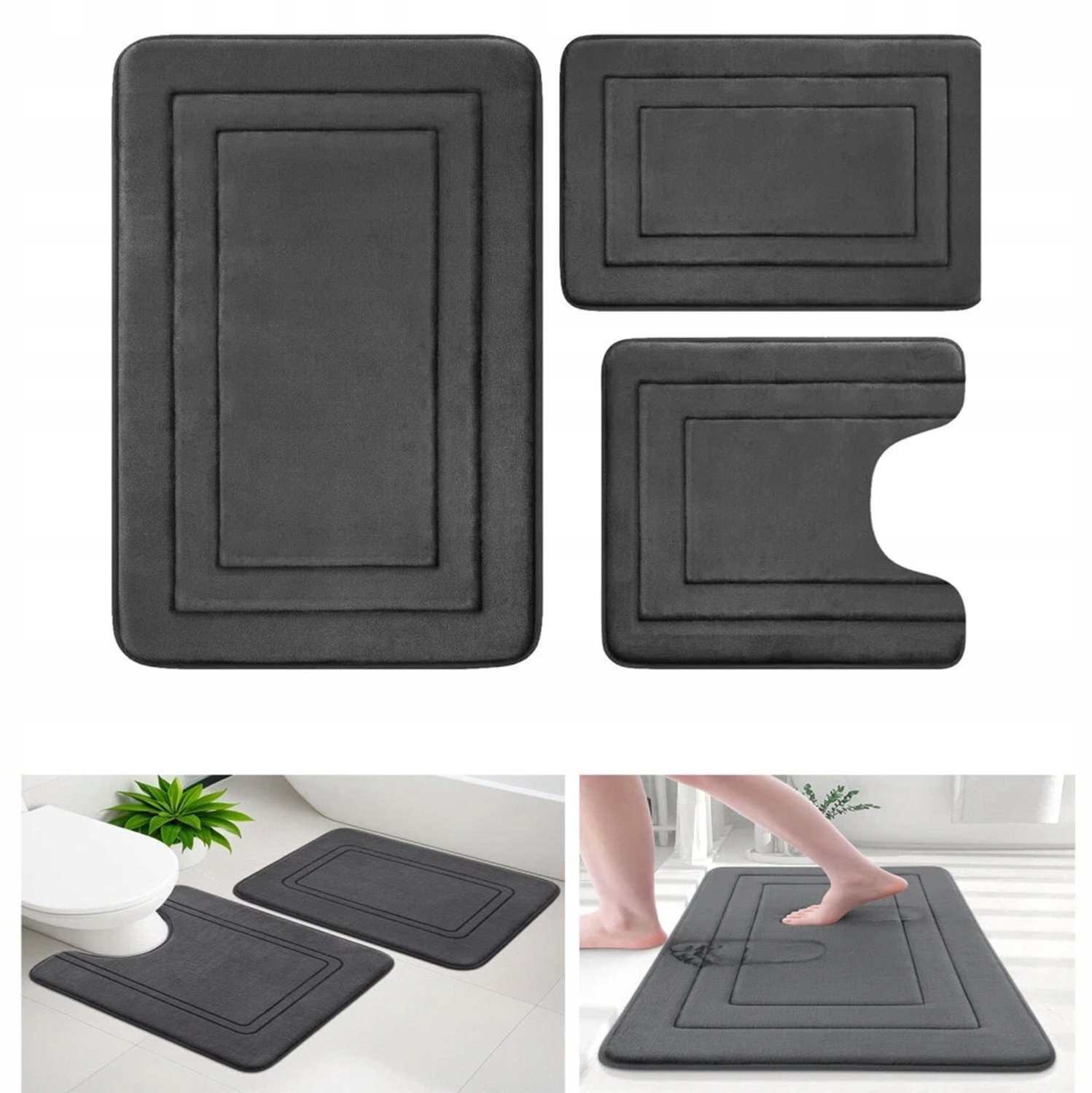3-delige badkamermat set, zacht, absorberend en antislip, donkergrijs