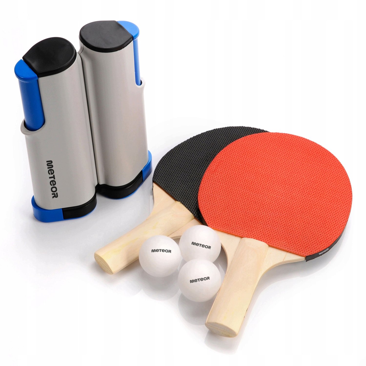 Meteor Tafeltennis Set: Rollnet, 2 Batjes & 3 Ballen