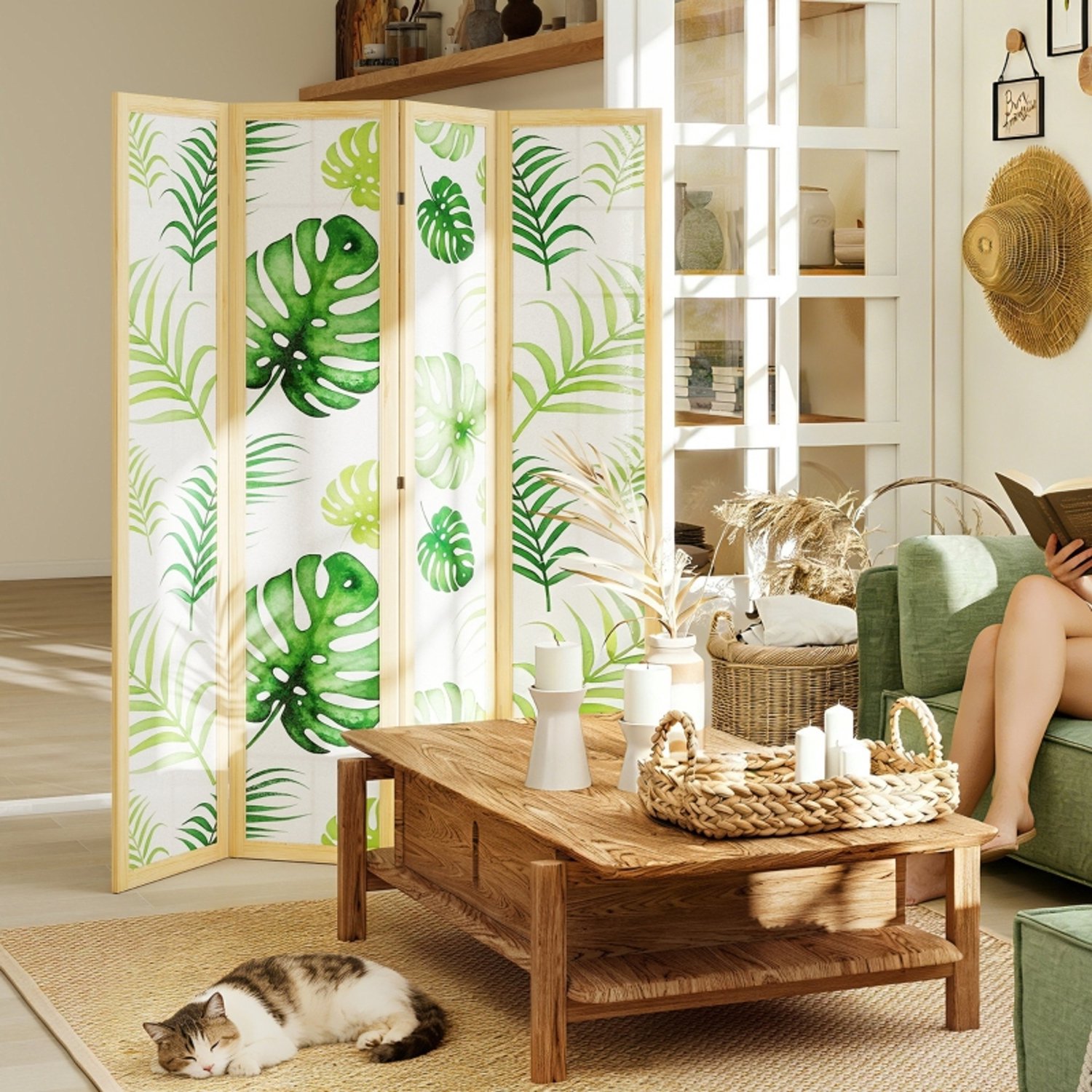 WUVRIE 4-delig opvouwbaar kamerscherm 160x170 cm - Draaibare scharnieren en palmbladmotief - Naturel Natuurlijk hout