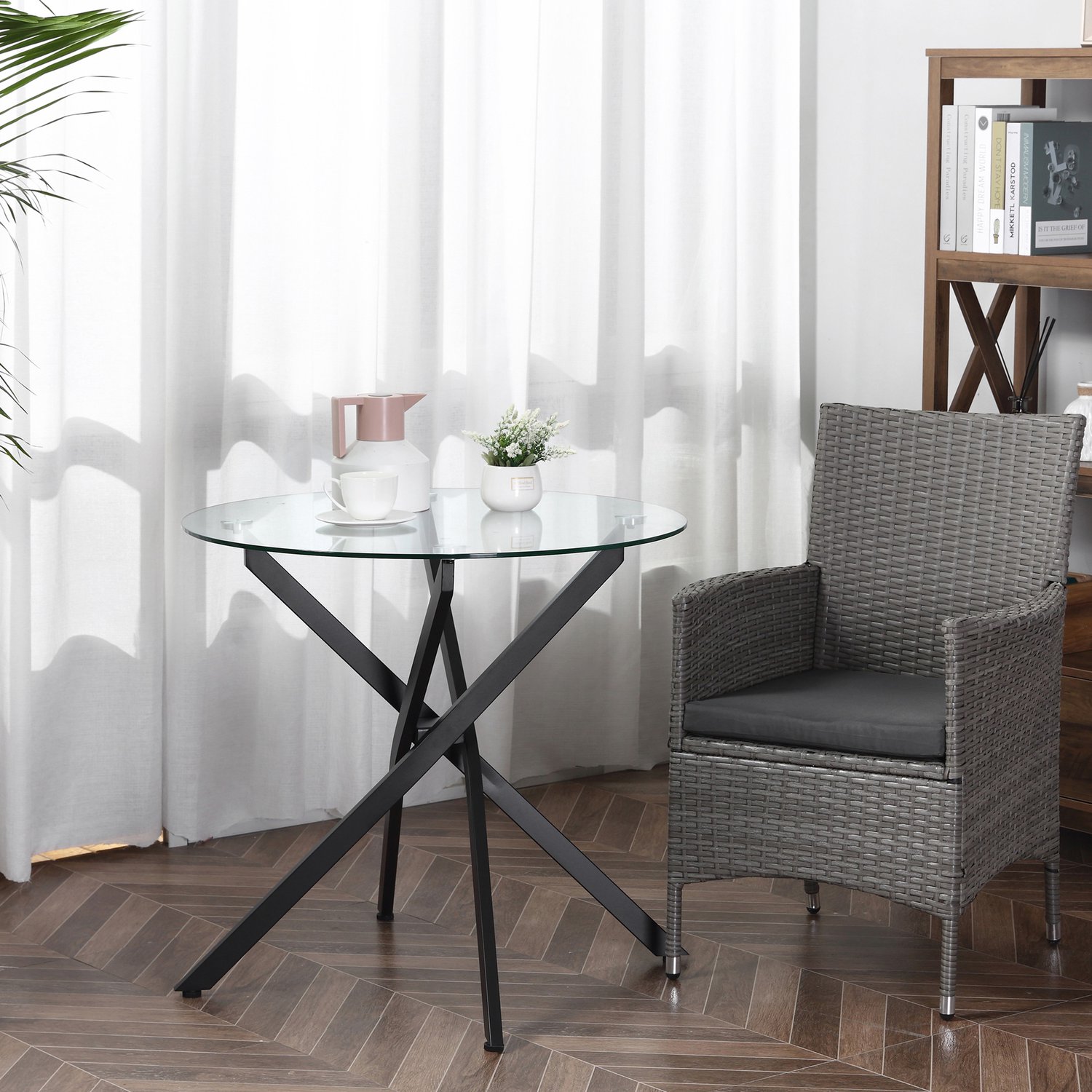 HAUSS SPOLE Ronde Glastafel - Moderne Eettafel Met Veiligheidsglas En Metalen Onderstel - Voor Woonkamer En Eetruimte - Zwart - 80x80x75 Cm