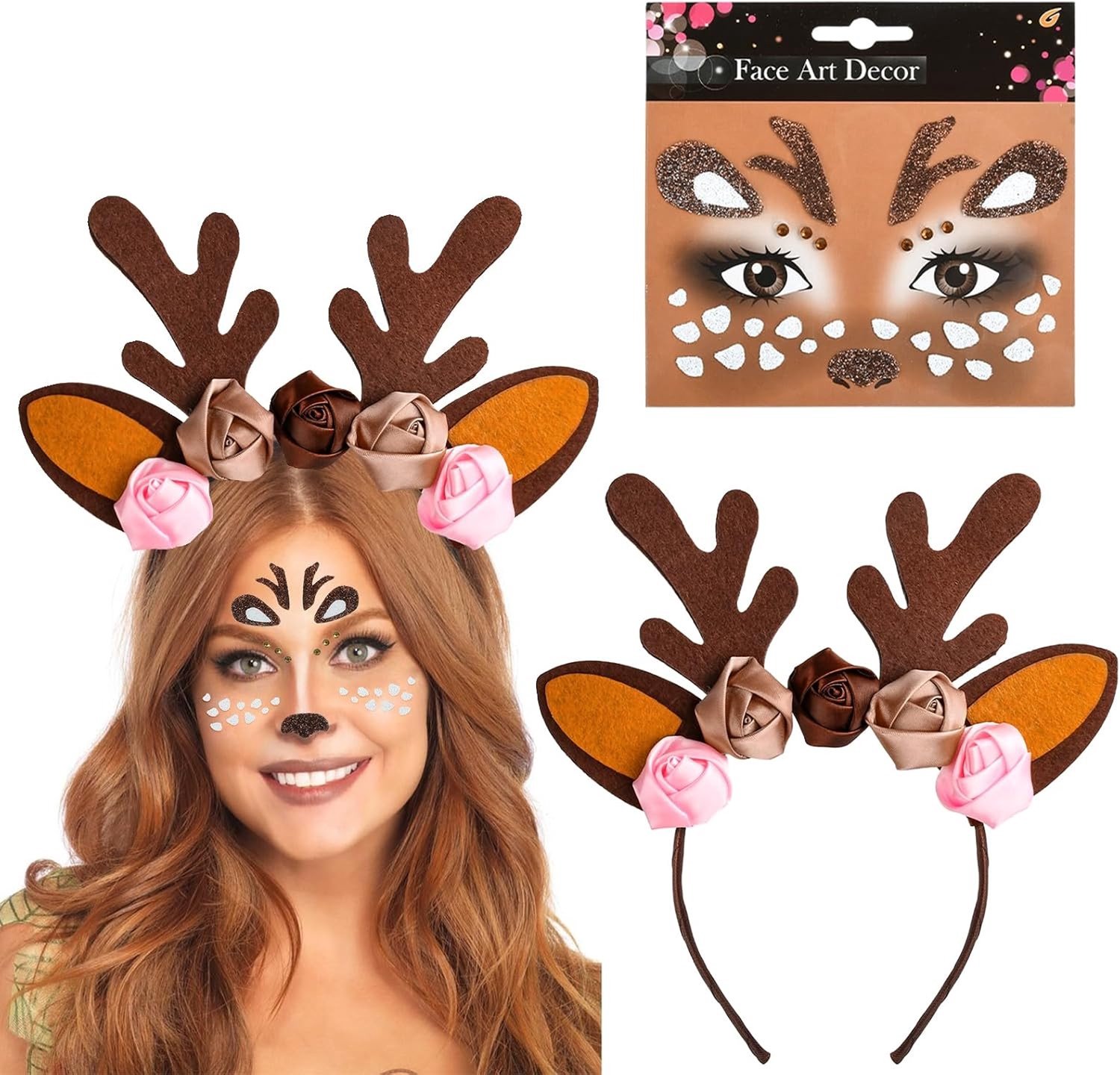 Reindeer Hoofdband Set met Herten Antlers voor Kerstmis, Carnaval en Cosplay met Gezichtstatoeage