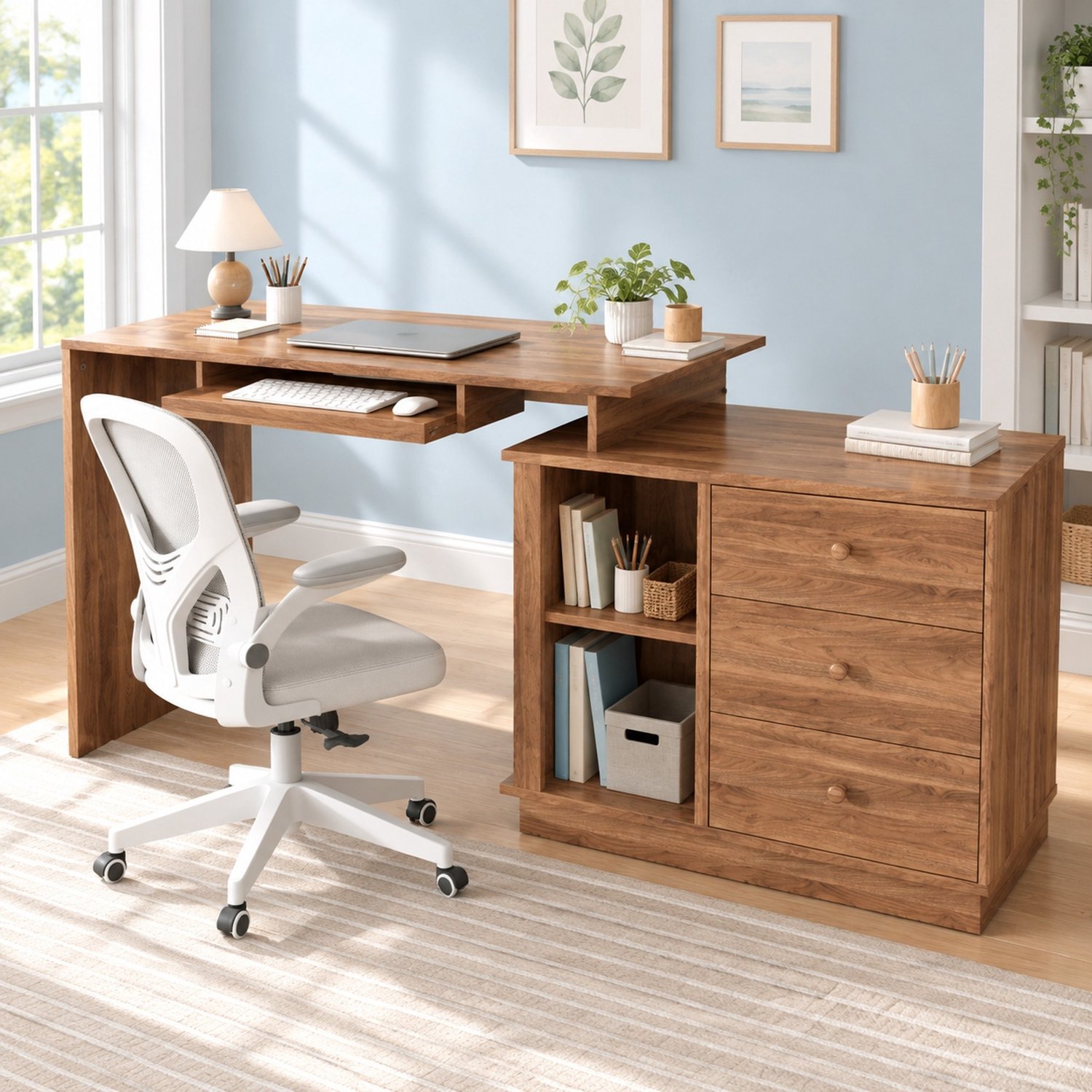 HAUSS SPOLE Bureau - Uitschuifbaar Met Toetsenbordlade En 3 Lades - Voor Thuiswerkplek - MDF - 110x40x75,5 Cm - Walnoot