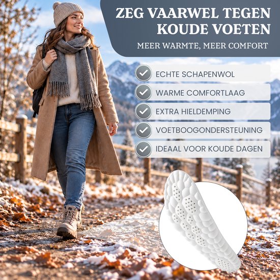 Vrouw in winterlandschap met schapenwollen inlegzool, voorzien van hielondersteuning en extra warmte.