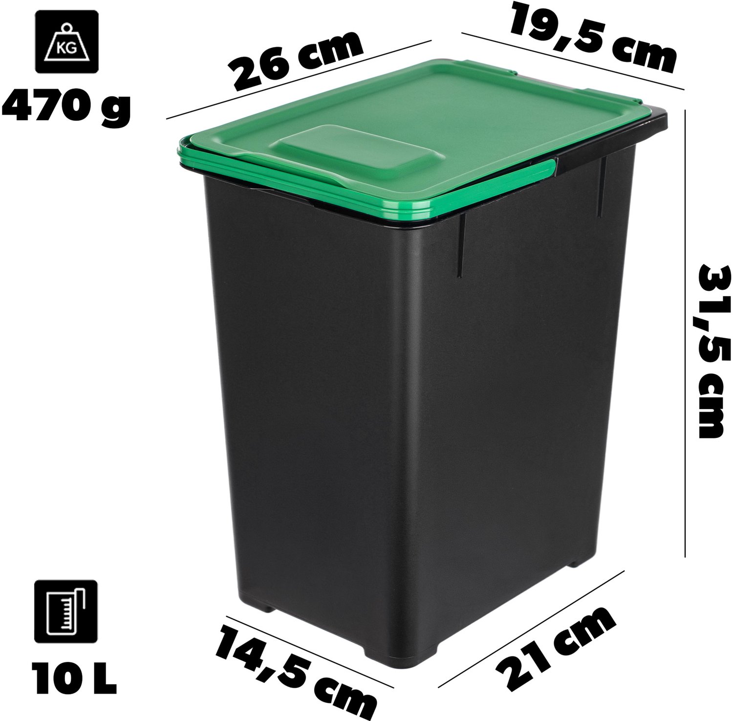 KADAX afvalbak 10 liter met groen klapdeksel en handvat, afvalbak voor glasafval in de keuken, kunststof afvalbak, rechthoekige afvalbak voor afvalscheiding (zwart/groen, zonder opdruk)