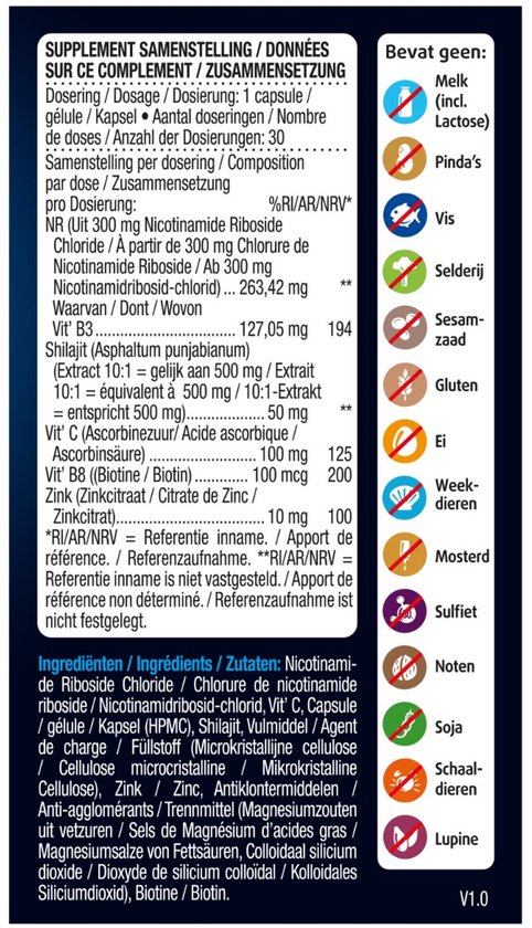 Supplement samenstelling met nicotinamide riboside chloride, shilajit, vitamine B3 en B8. Bevat melk, pinda's, selderij, sesamzaad, gluten, ei, lupine.