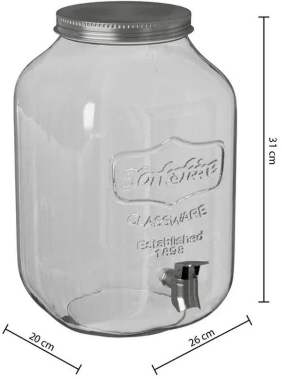 Lege glazen drankdispenser met afmetingen, verchroomd kraantje en schroefdeksel.