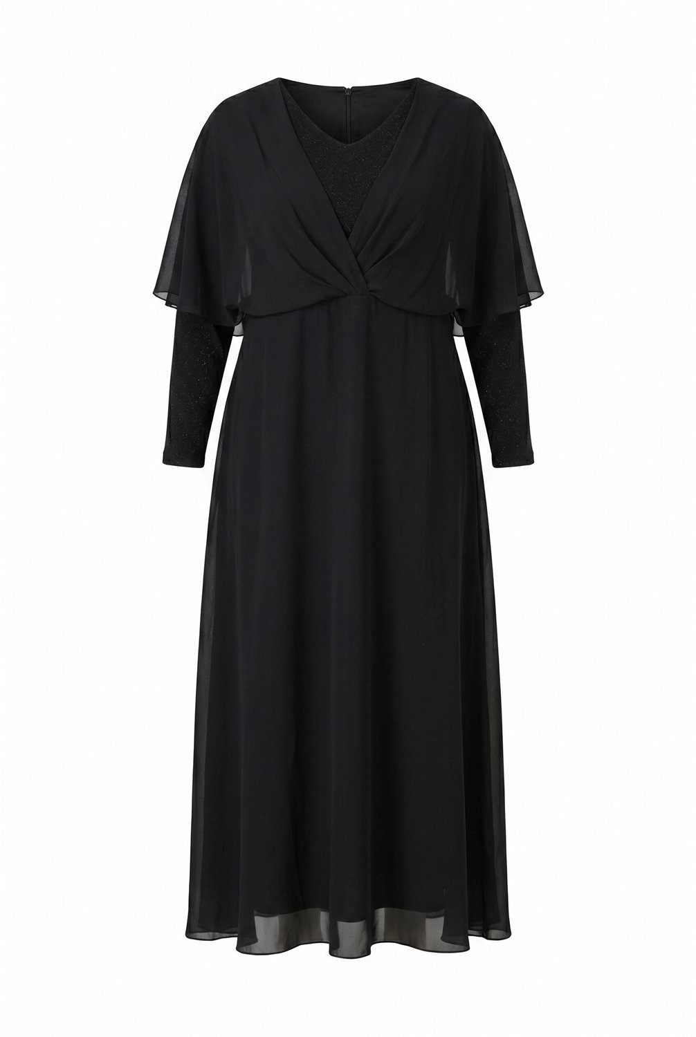 Ulla Popken - Dames - Maxi-jurk van chiffon glitters V-hals lange mouwen - Zwart - Maat 54+