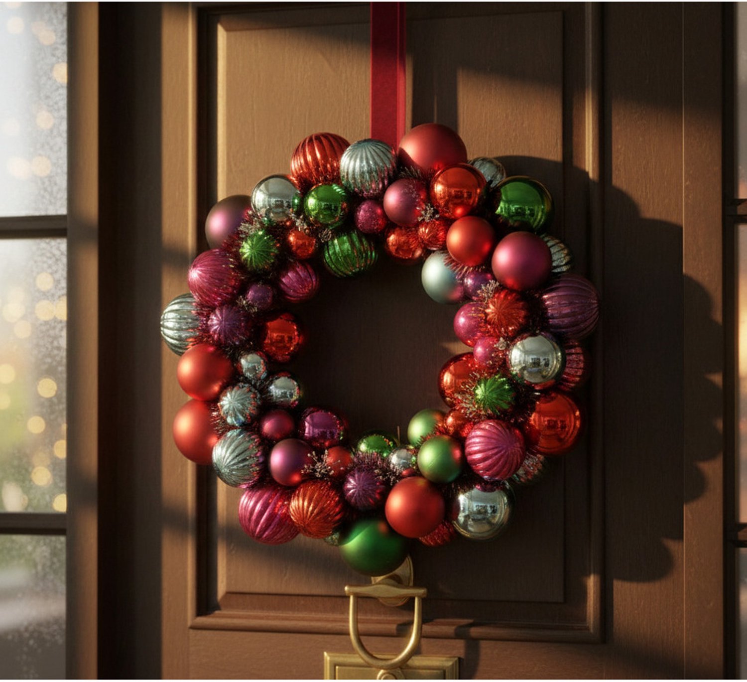 Decoris Kerstballen kerstkrans - gekleurd - D38 cm - kunststof - krans - deurkrans - kerstversiering – foto 3