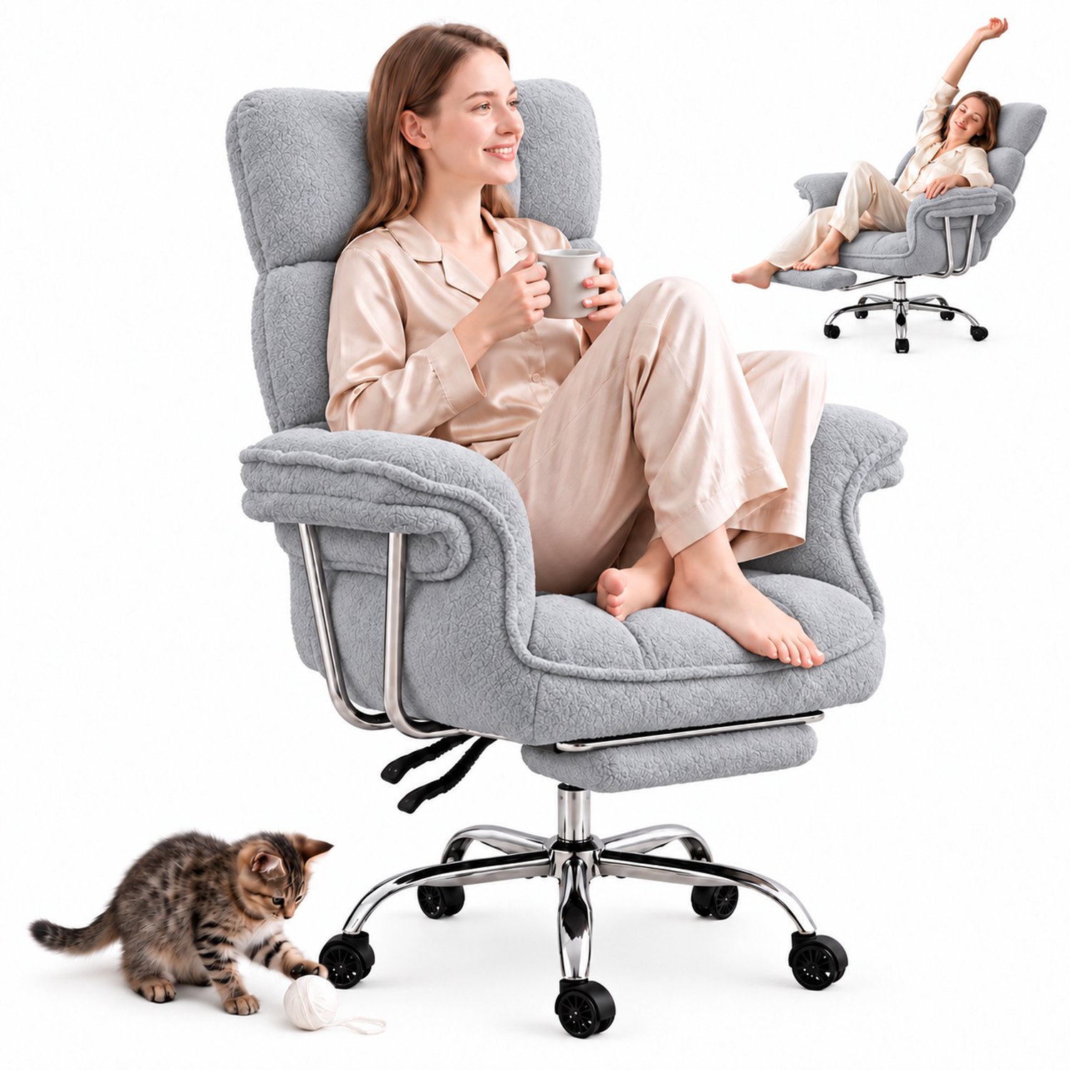 Dowinx Gamingstoel - Ergonomische Bureaustoel met Voetsteun - Verstelbare Gamestoel met Pocketvering - Teddy Fleece Bekleding - Grote Bureaustoel tot 181 kg - Grijs