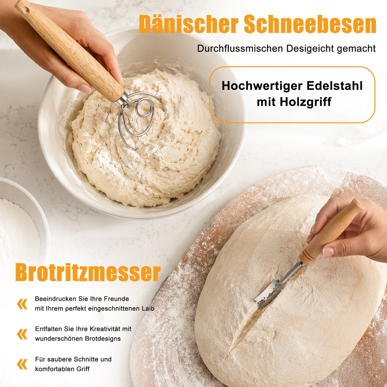 Yelenaro 14-Delig Zuurdesem Starter Set, Complete Broodbak Accessoires Set, Rond & Ovaal Rijsmandje met Linnen Hoezen, Inclusief Deegschraper, Roerwerk, Broodmes en Receptenboek, Voor Zuurdesem en Thuisbakken