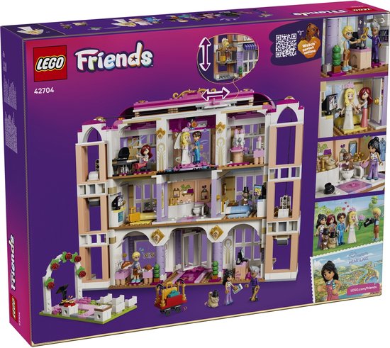 Achterkant van de LEGO Friends Heartlake City Grand Hotel doos met kamers en minipoppetjes.