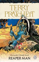 Boekomslag Reaper Man van Terry Pratchett. Een skelet met zeis in een veld.