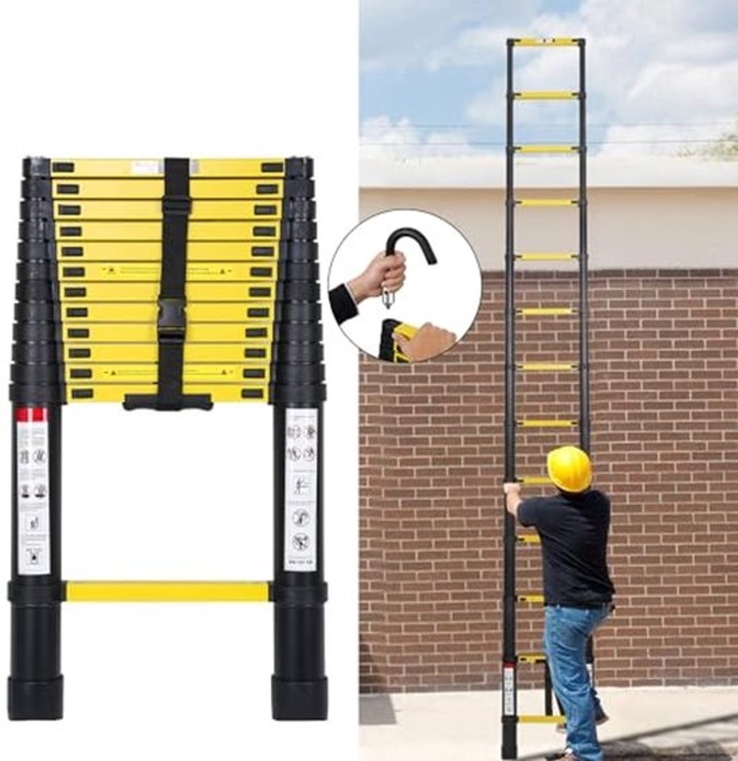 Telescopische ladder van 3,8 m - Multifunctionele aluminium ladder - Antislip, met haken voor thuis en werk