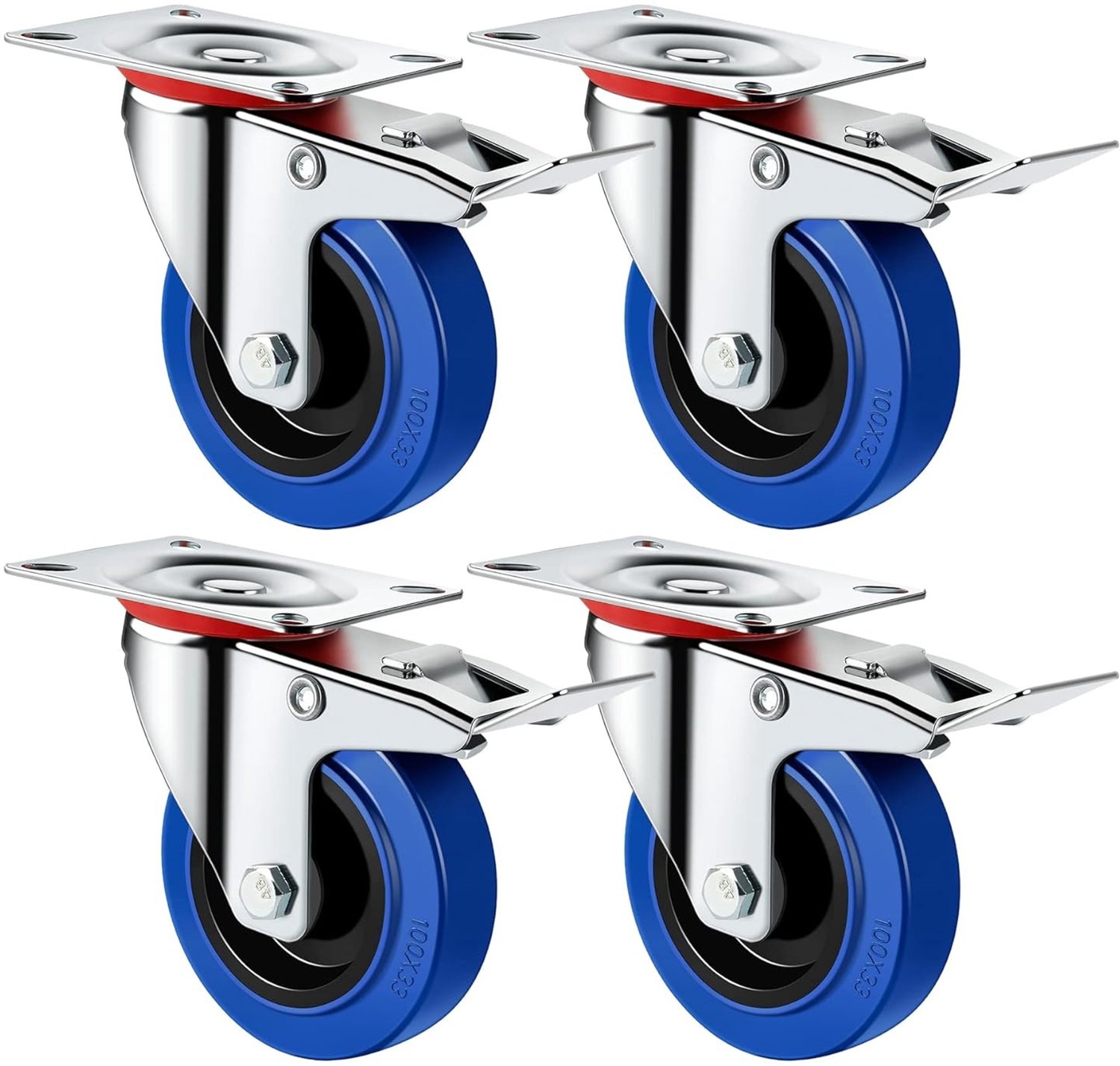 Set van 4 zware transportwielen van 125mm met remmen en zwenkwielen voor meubels en apparatuur