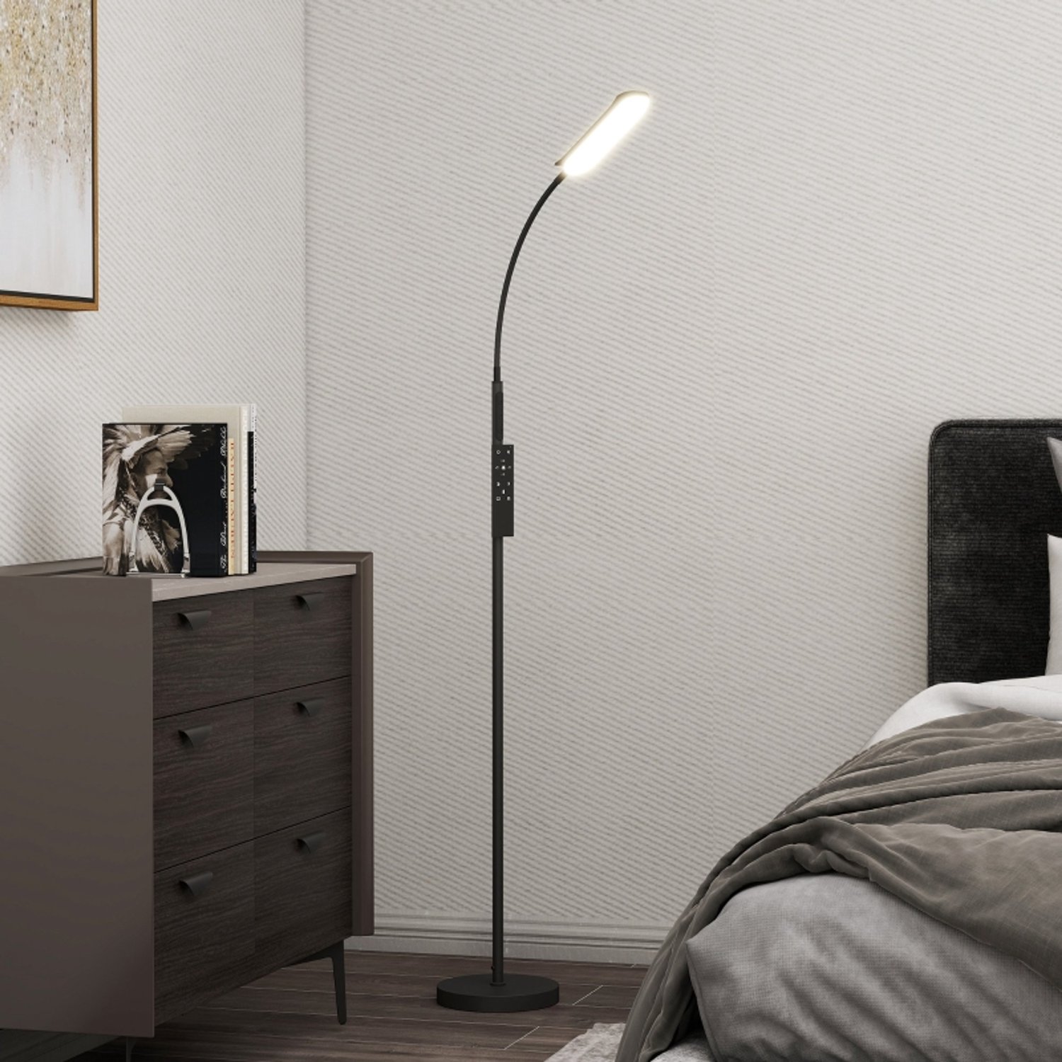 MIVRAY Staande Lamp – Dimbaar Met Afstandsbediening – 22 x 175 cm – Staal – Zwart – Leeslamp Met 360 Graden Draaibare Zwanenhals