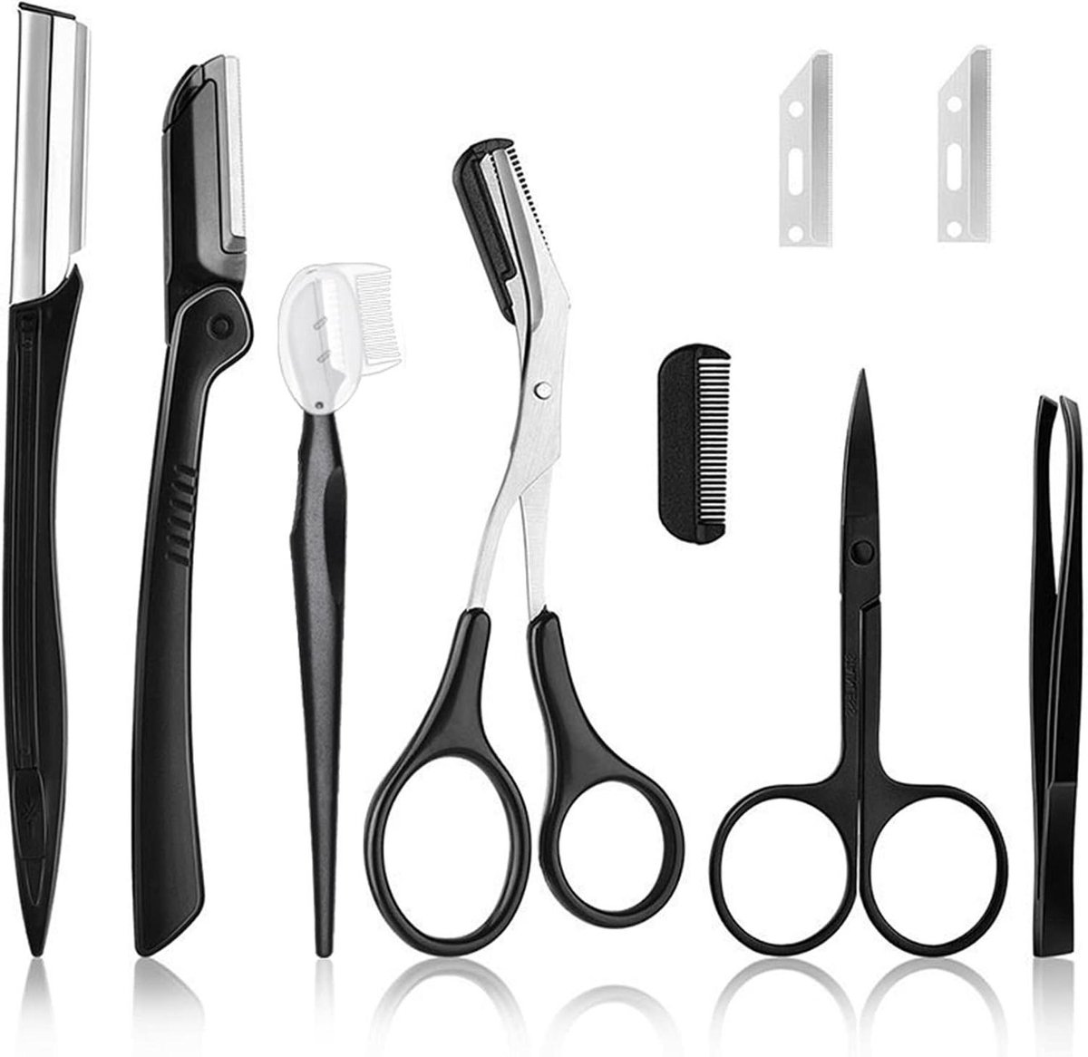Wenkbrauw Trimmer Set - Gezichts Haar Verwijderaar - Gezichtsverzorging Thuis - Roestvrij Staal - 9 Stuks - Zwart