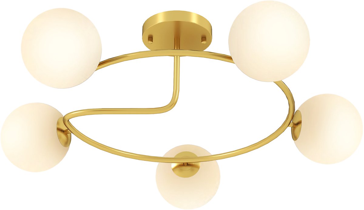 Gouden kroonluchter, plafondlamp, 5-weg wit, glazen kap met G9-basis, semi-flush mount plafondlamp, gouden hanglamp voor woonkamer, eetkamer, slaapkamer