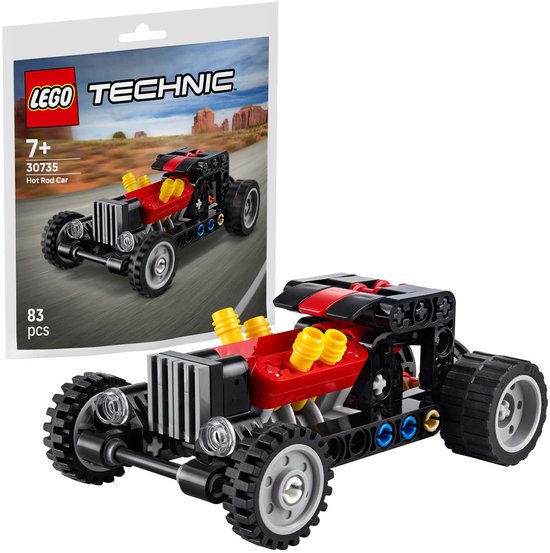 LEGO Technic Hot Rod auto (30735) naast de verpakking met woestijnlandschap.