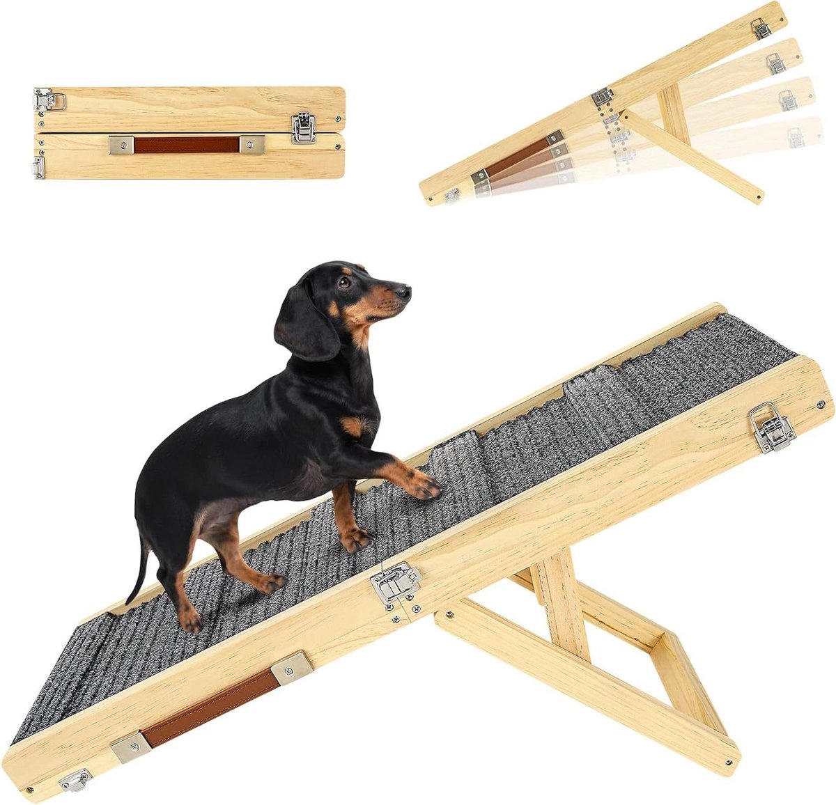 Huisdier Oprit - Honden trap - Comfortabel instappen - 4 Hoogtes instelbaar - Tot 53.3 cm - Houtkleur