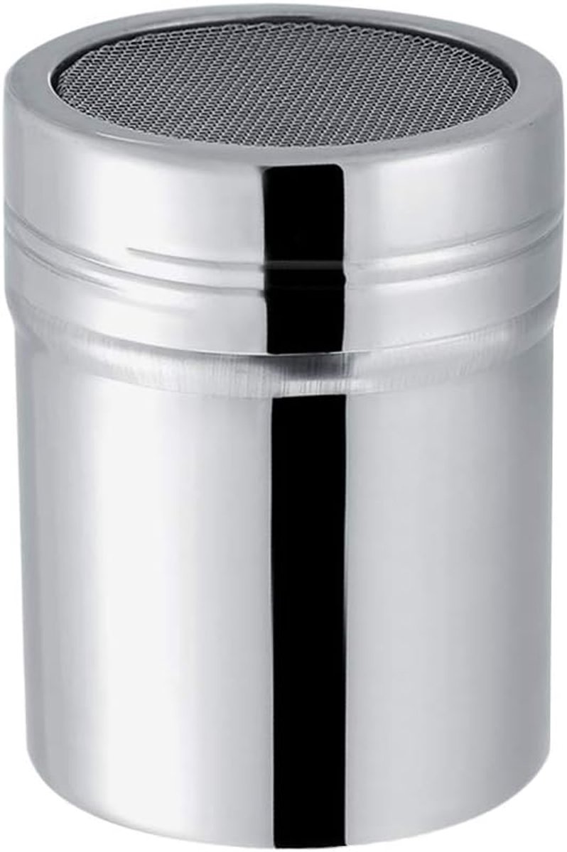 Dailygoods- Cacaopoeder Shaker - Roestvrijstalen Constructie - Stofdicht Deksel - Gelijkmatig Strooien - Keuken/Horeca - Compact (5,5 8,2 cm) - Poedershaker
