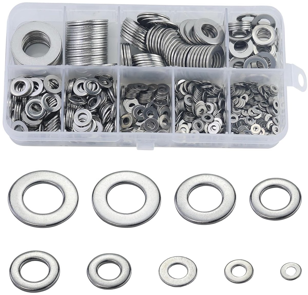 Platte sluitringen van roestvrij staal, 800 stuks, sluitringen, assortiment, borgringen, deurscharnier, met assortimentsdoos, in totaal 9 verschillende maten, M2, M2,5, M3, M4, M5, M6, M8, M10, M12