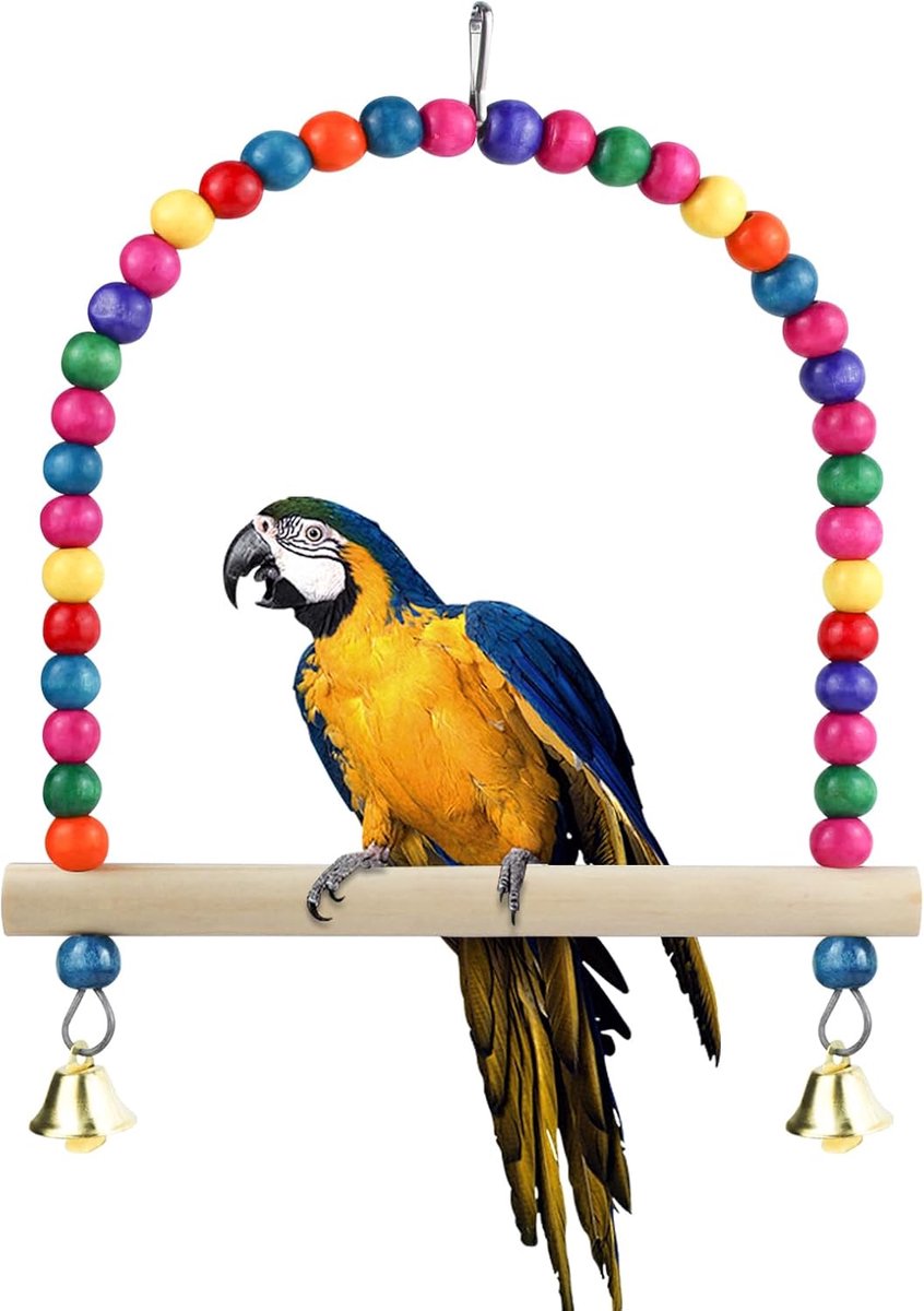Schommel speelgoed met Barsch standaard en bel, natuurlijk houten kleurrijk vogel speelgoed vogel speelgoed voor kleine vogels Budgie Sittich Kakadu (L, houtkleuren)