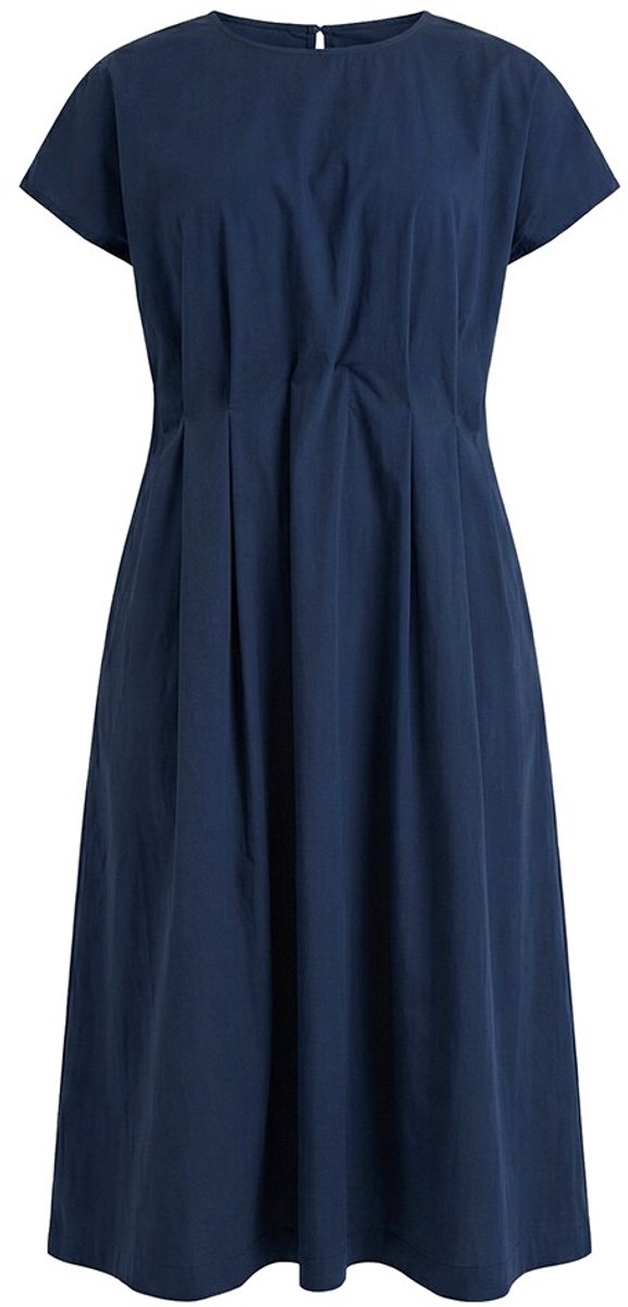 Ulla Popken - Dames - Maxi-jurk decoratieve plooitjes getailleerd ronde hals - Marine - Maat 50+