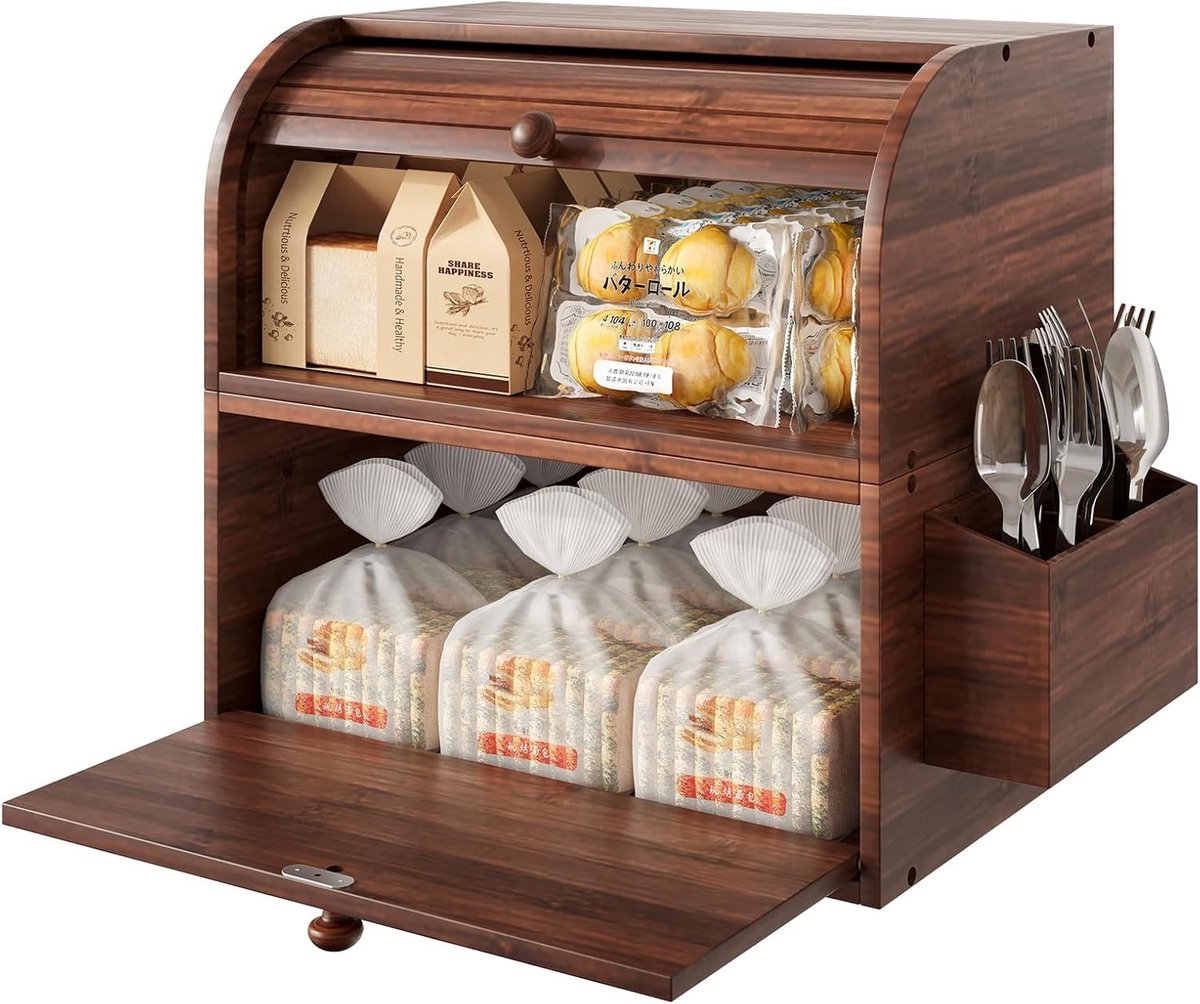 Bamboe Brooddoos voor Keuken - Dubbele Laag Roll Top Broodopslag met Bestekmand - Retro Bruin en Ruimtebesparend Ontwerp