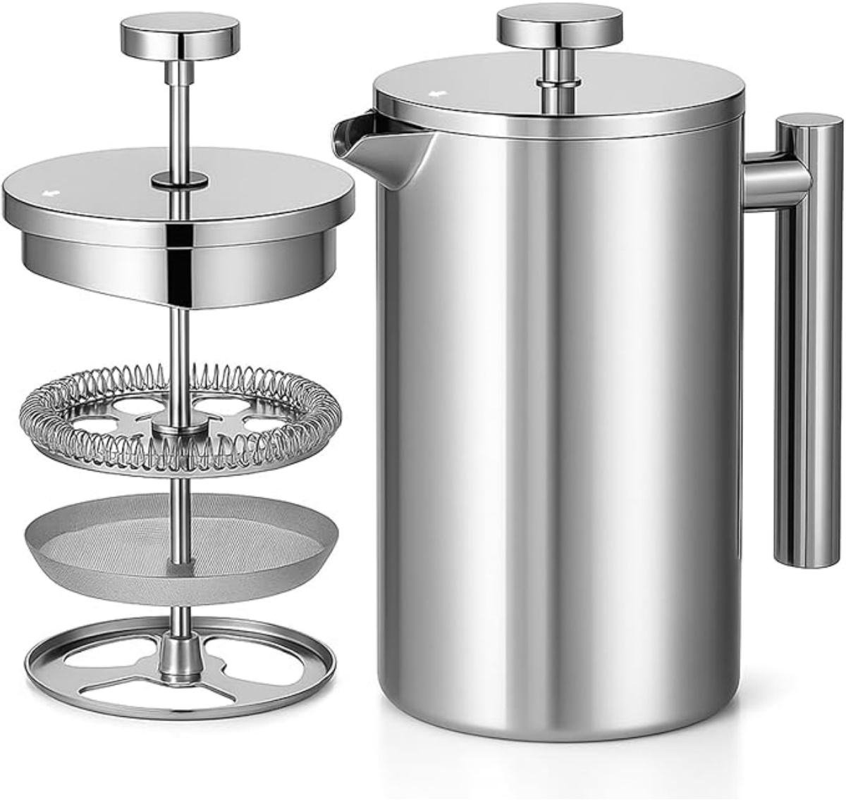 SSTRWGOOD Koffiepers - Franse Pers 1L - Drievoudig Filtersysteem en Dubbelwandige Isolatie - Geschikt voor Thuisgebruik - RVS Koffiezetapparaat 22x17,5x10,5cm - 1000 ml