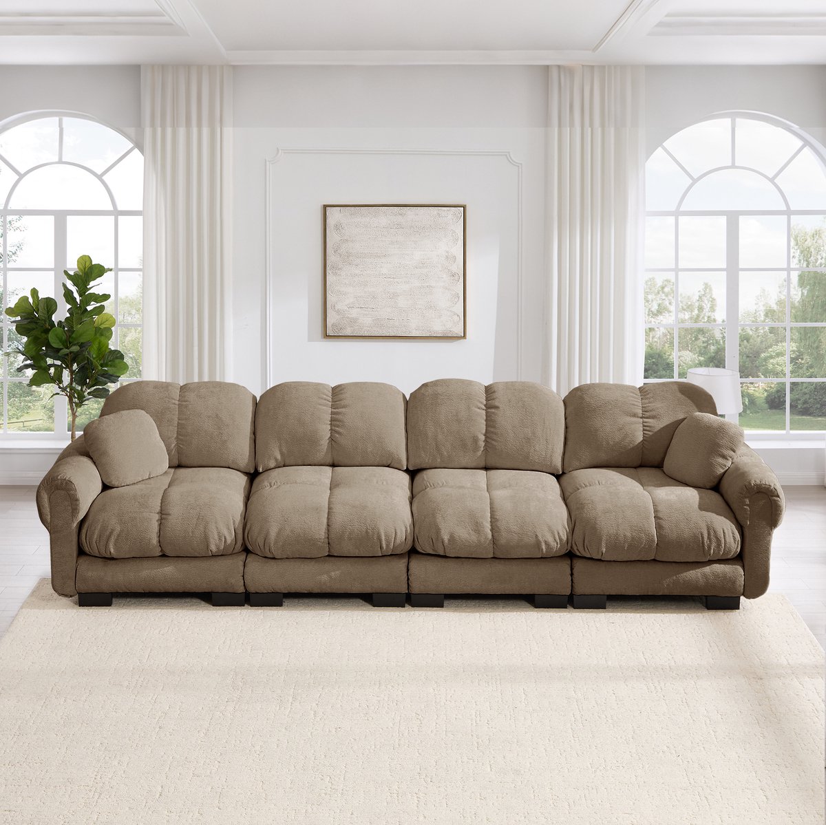 REDOM - Bank - 4-zits - Gestikte zitting - Gebogen armleuningen - Modulair ontwerp - Woonkamer - Chenille - Bruin - 330 x 86 x 90 cm