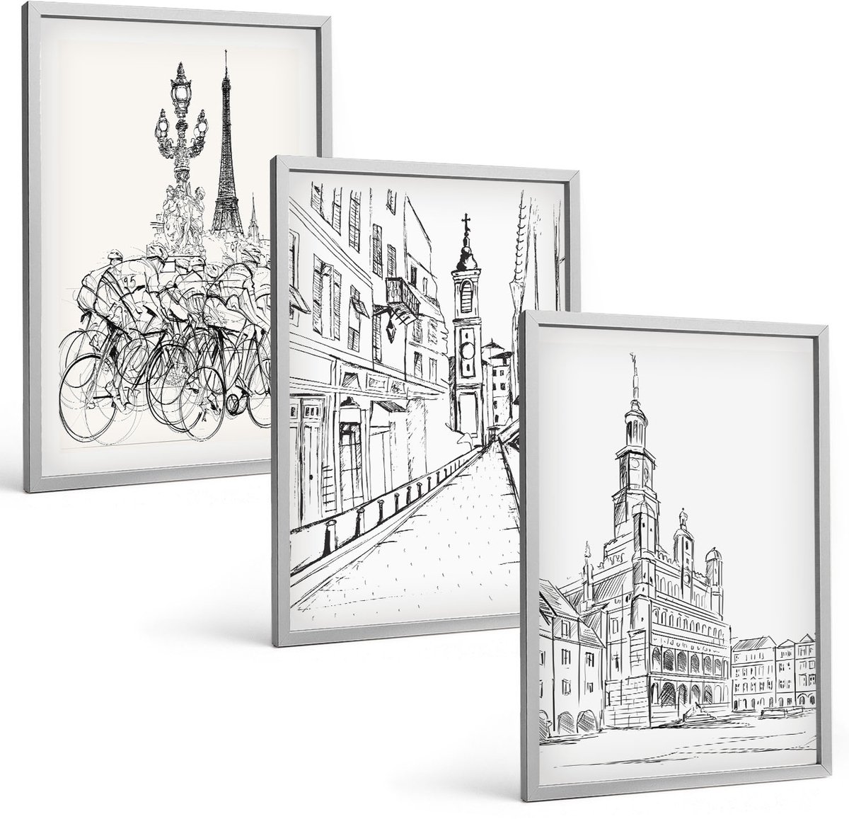 Coloray 3-Delige Schilderij Set - Eenvoudige Tekeningen Van Stadsgezichten - 40 x 60 cm - Muurdecoratie - Wanddecoratie - Slaapkamer - Decoratieve Schilderijen