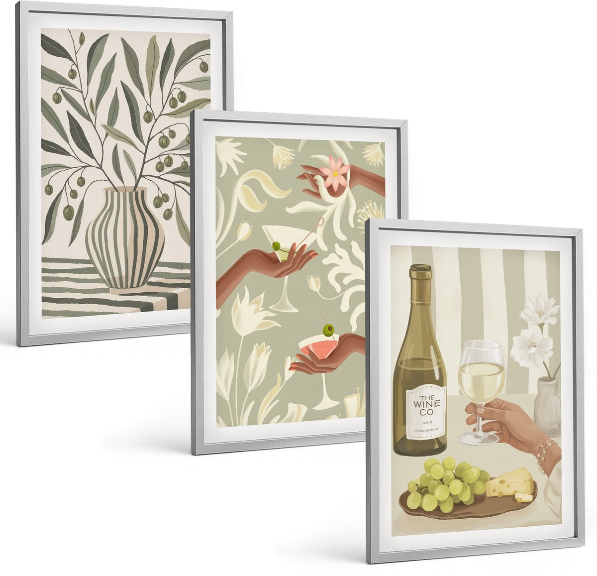 Coloray 3-Delige Schilderij Set - Olijfbloemen En Rustieke Cocktails - 40 x 60 cm - Wanddecoratie - Muurdecoratie - Moderne Interieurdecoratie