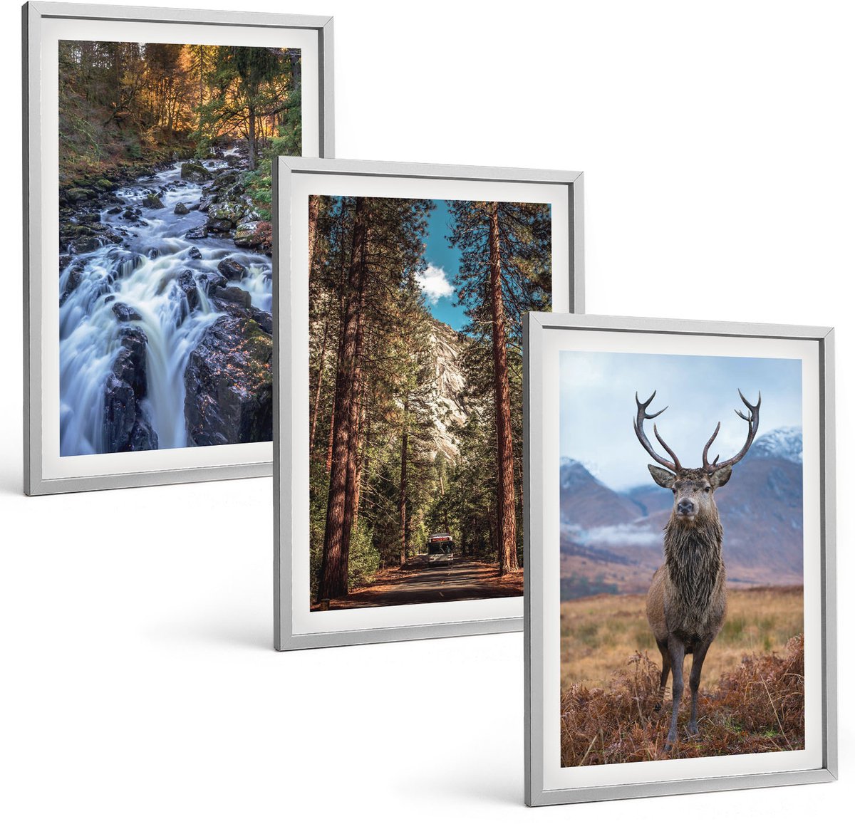 Coloray 3-Delige Schilderij Set - Waterval In Het Bosgebergte En Herten In De Natuur - 40 x 60 cm - Stijlvolle Muurdecoratie - Slaapkamer - Moderne Wanddecoratie