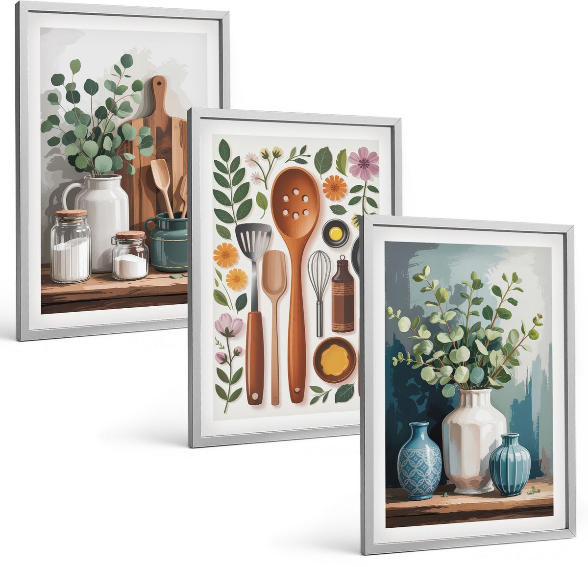 Coloray 3-Delige Schilderij Set - Keukenaccessoires Met Planten In Een Moderne Stijl - 40 x 60 cm - Muurdecoratie - Schilderijen Set - Woonkamer - Stijlvolle Muurdecoratie