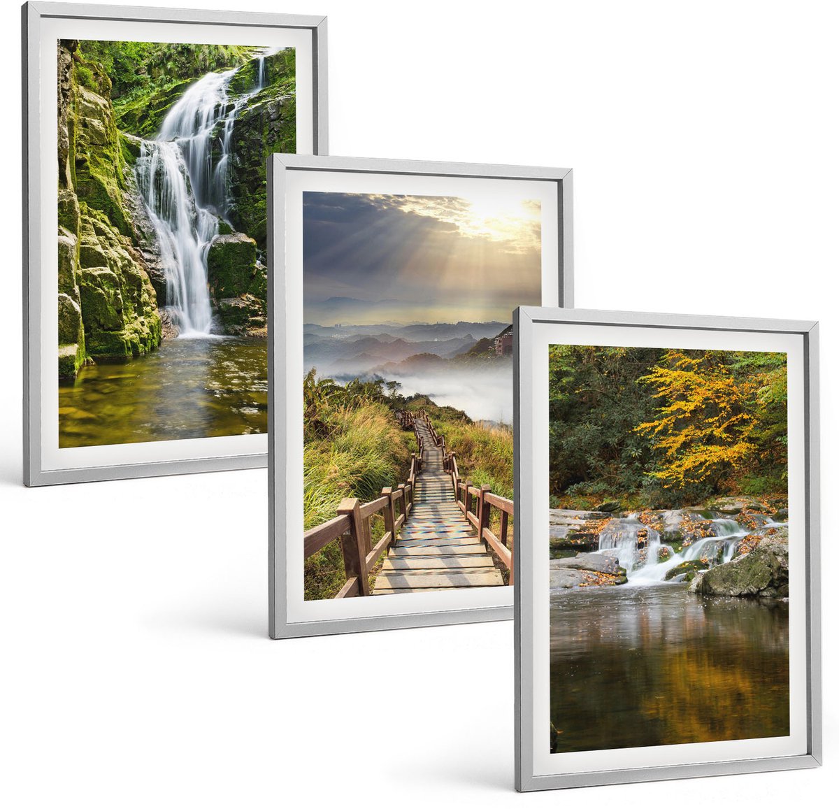 Coloray 3-Delige Schilderij Set - Watervallen, Bergen, Wolkenpaden En Herfstgezichten - 40 x 60 cm - Muurdecoratie - Interieur Decoratie - Woonkamer Decoratie