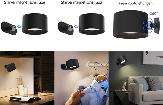 LED-wandlamp voor binnen met batterij, 1 stuk, touchbediening, 3 helderheidsniveaus, 360° draaibaar, geschikt voor woonkamer, slaapkamer, trap, gang, draadloze wandlamp, wit van Merkloos — afbeelding 3