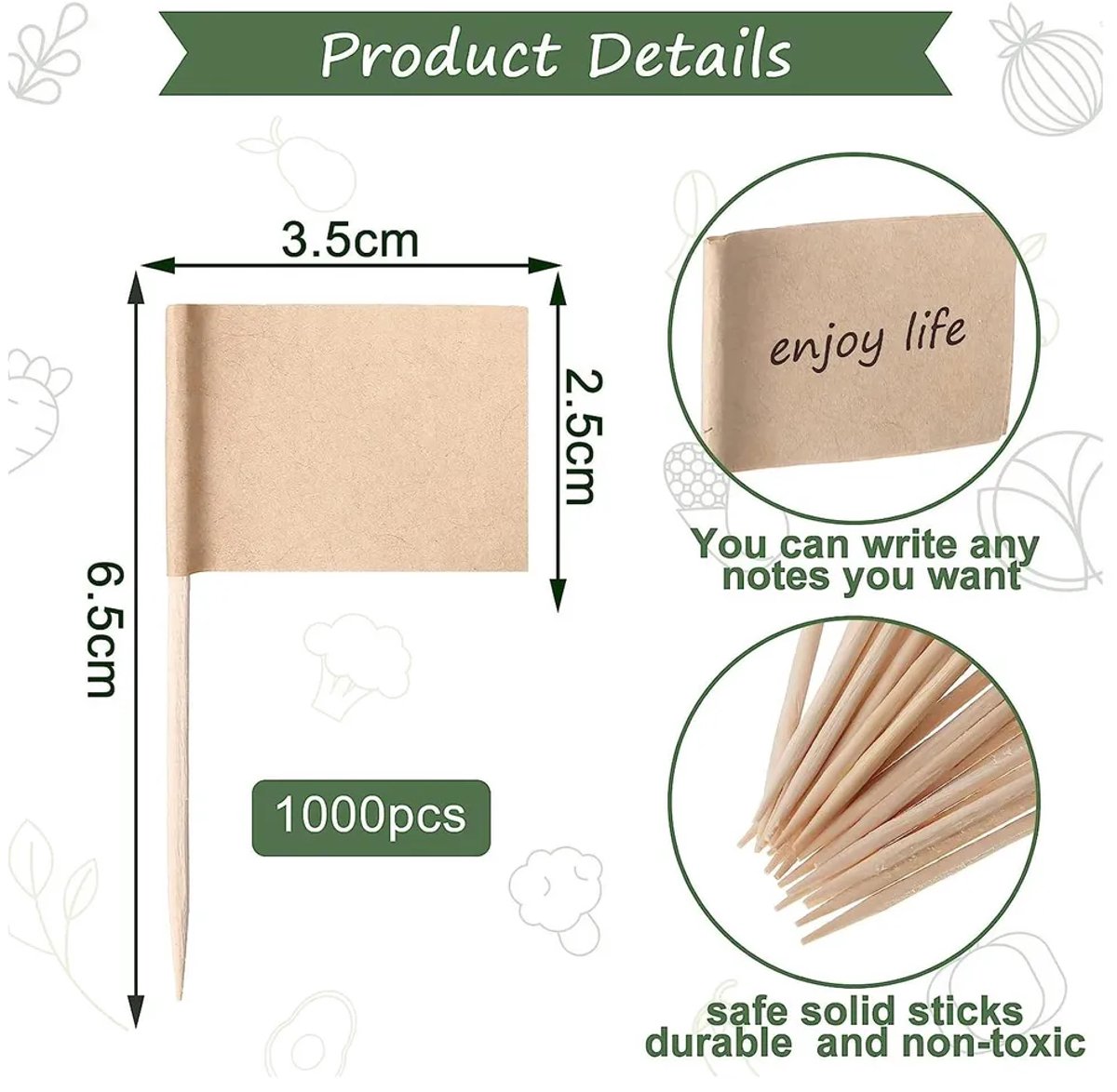 100 blanco kraftpapieren tandenstoker-etiketten Geschikt voor eten, feestgerechten, buffetten, cocktails, fruit, salades, cupcakes en andere feestdecoraties (25 × 35 mm)