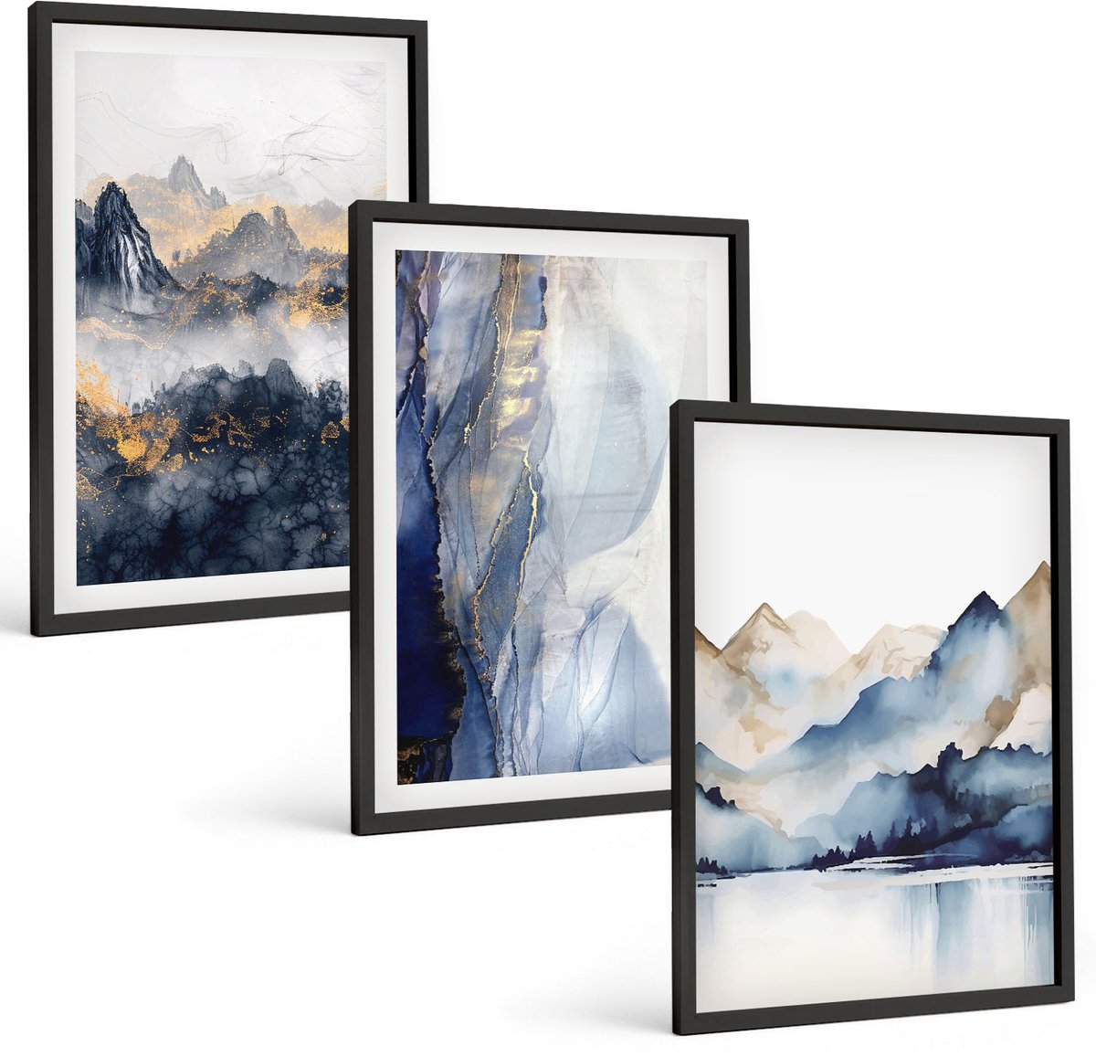 Coloray 3-Delige Schilderij Set - Berglandschappen Met Blauwe En Grijze Tinten - 40 x 60 cm - Muurdecoratie - Interieur Decoratie - Decoratieve Schilderijen