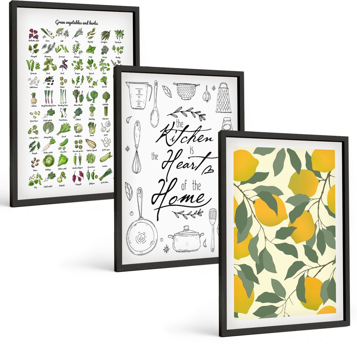Coloray 3-Delige Schilderij Set - Lijst Met Keukenkruiden, Belettering En Beschilderde Citroenen - 40 x 60 cm - Muurdecoratie - Interieur Decoratie - Woonkamer Decoratie
