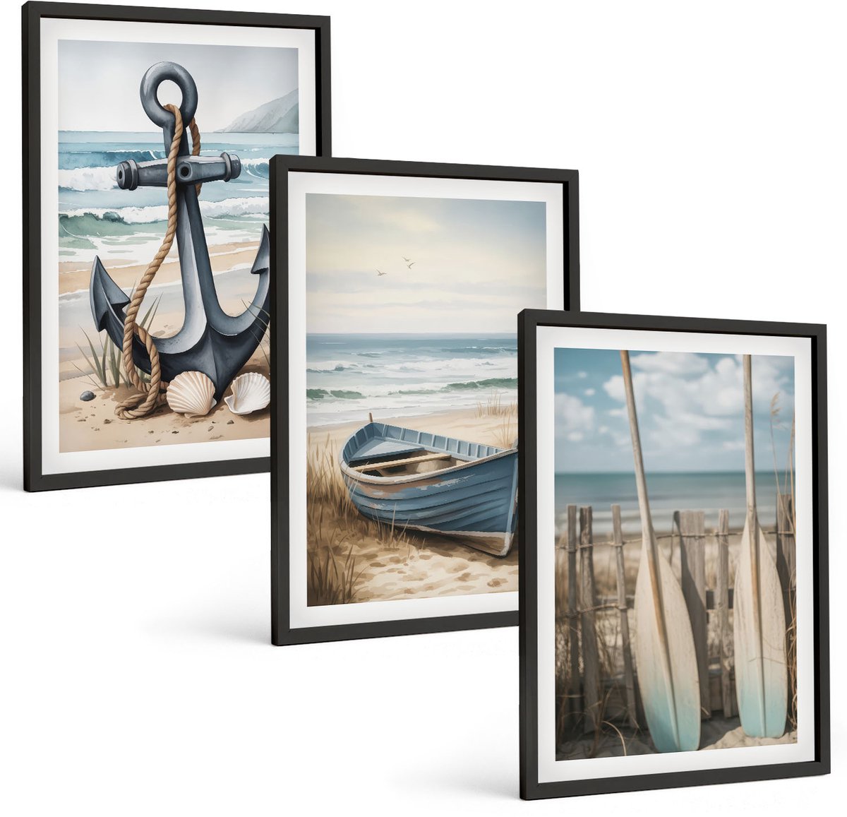 Coloray 3-Delige Schilderij Set - Bootanker En Roeispanen Op Het Strand Met De Zee - 40 x 60 cm - Wanddecoratie - Moderne Interieurdecoratie - Woonkamer Decoratie